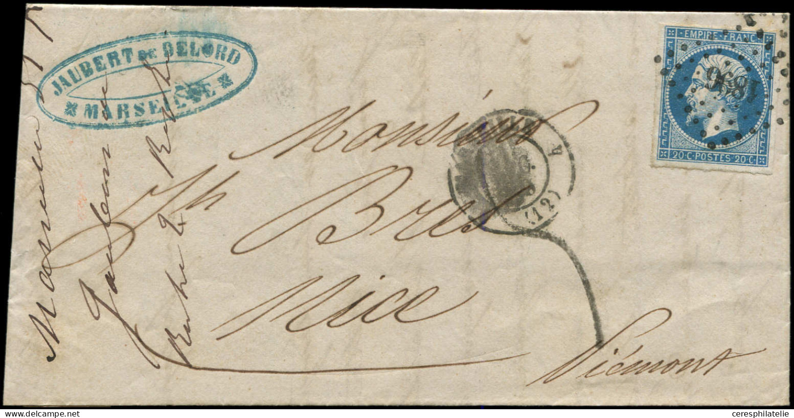 Let EMPIRE NON DENTELE - 14A  20c. Bleu, T I,  Obl. PC 1896 De MARSEILLE 31/12/59 S. LAC Pour NICE 2/1, Taxe Au Tampon,  - 1849-1876: Periodo Classico