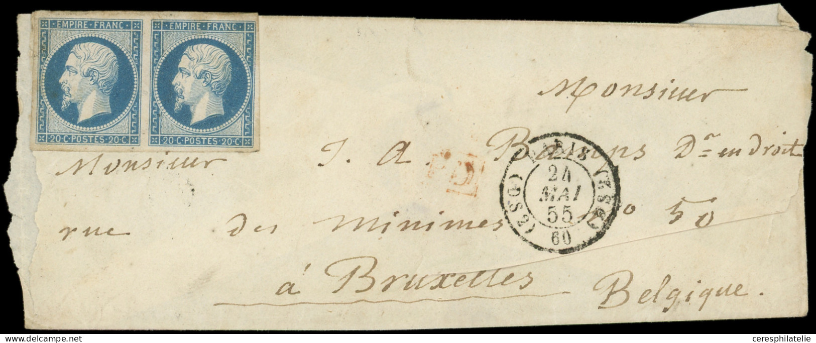 Let EMPIRE NON DENTELE - 14A  20c. Bleu, T I, PAIRE Non Obl. Sur Env., Càd (DS2) PARIS (DS2) 24/5/55, Arr. BRUXELLES Le  - 1849-1876: Classic Period