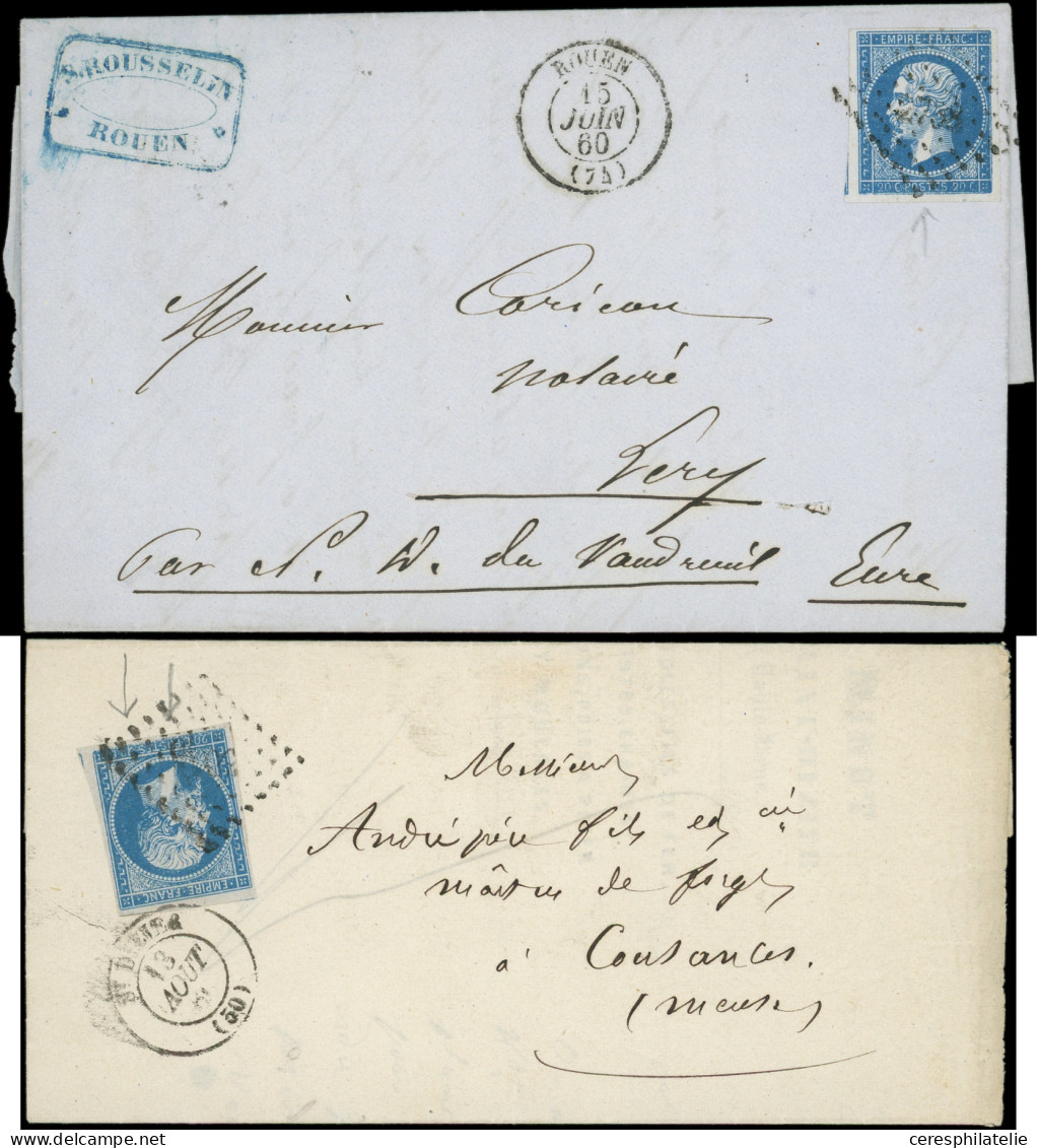 Let EMPIRE NON DENTELE - 14A  20c. Bleu, T I, 2 Ex. Impression DEFECTUEUSE S. 2 LAC De Rouen 6/60 Et St Dizier 8/60, TB - 1849-1876: Classic Period