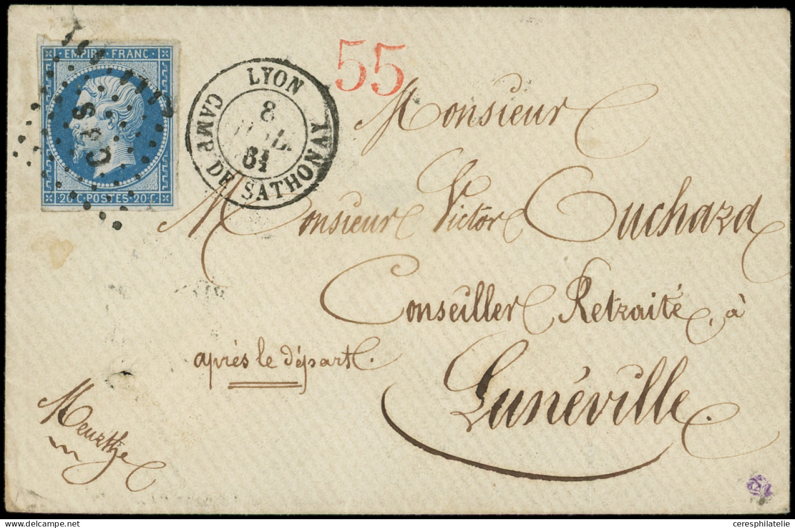 Let EMPIRE NON DENTELE - 14B  20c. Bleu, T II, Obl. Los. CdS S. Env., Càd LYON CAMP DE SATHONAY 8/7/61, TTB - 1849-1876: Classic Period