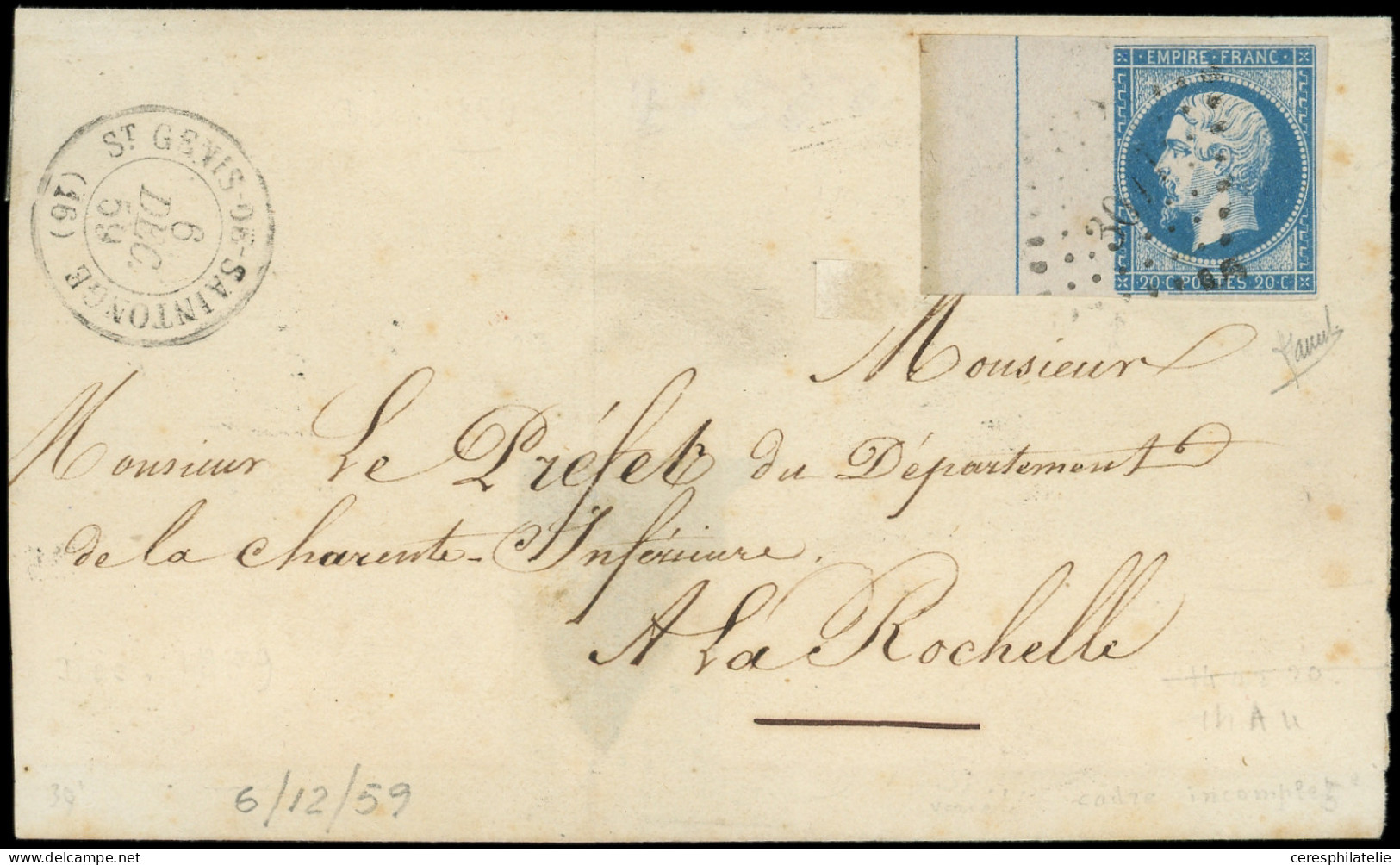 Let EMPIRE NON DENTELE - L14Ai 20c. Bleu, Bdf FILET D'ENCADREMENT, Obl. PC 3077 S. LSC, Càd T15 ST GENIS De SAINTONGE 6/ - 1849-1876: Klassik