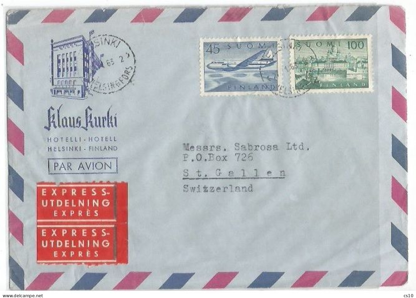 Suomi Finland Express Airmail Hotel CV Helsinki 27jan1963 To Suisse With 2 Stamps - Lettres & Documents