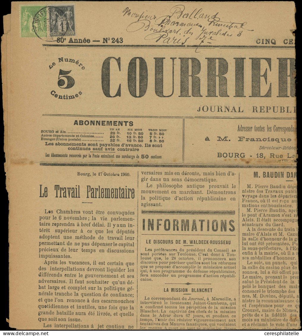 Let TYPE SAGE SUR LETTRES - N°83 Et 102 Obl. Càd St JULIEN (AIN) S. LE COURRIER De L'AIN 18/10/00, TB - 1877-1920: Periodo Semi Moderno