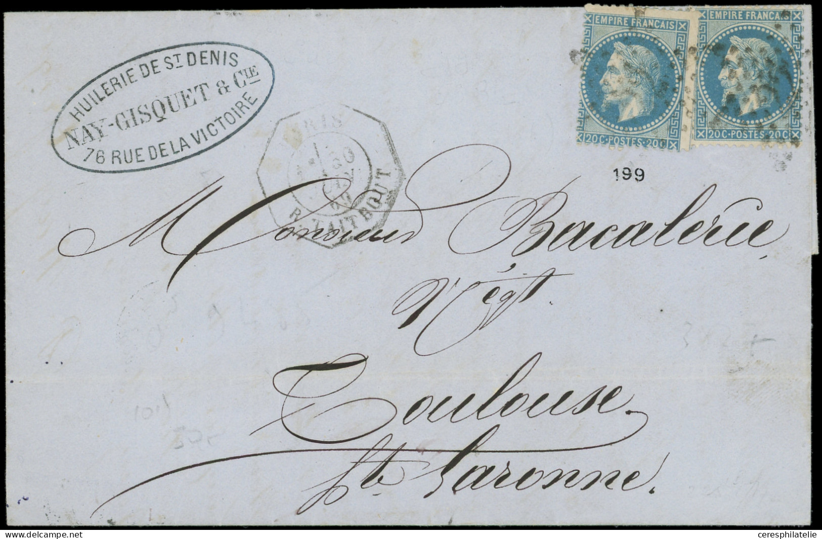 Let LETTRES DE PARIS - N°29B (2) Obl. Etoile 22 S. LAC, Càd Octog. PARIS/R. TAITBOUT 1e 30/6/69, Arr. TOULOUSE 1/7, TB - 1849-1876: Période Classique