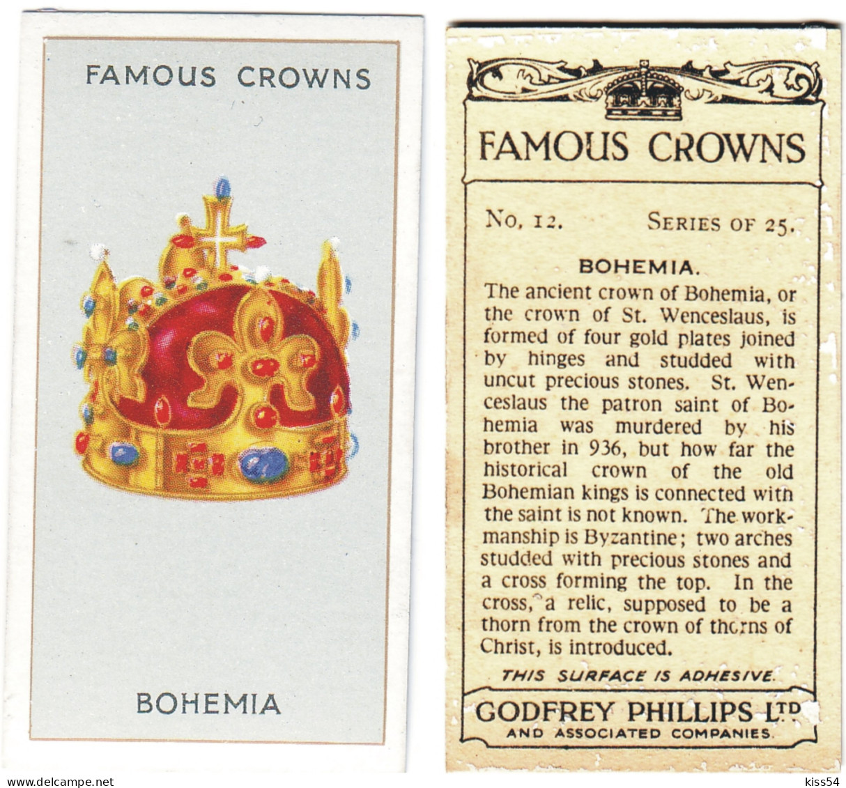 CR 2 - 12b Famous Crown, BOHEMIA, St. WENCESLAUS - Godfrey Phillips -1938 - Phillips / BDV
