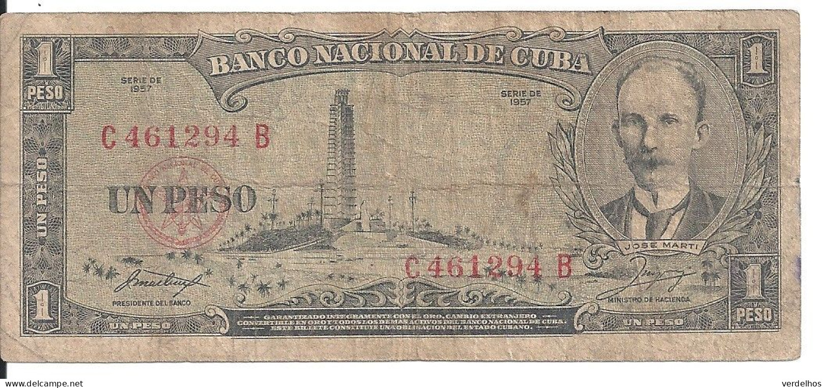 CUBA 1 PESO 1957 VG+ P 87 B - Cuba