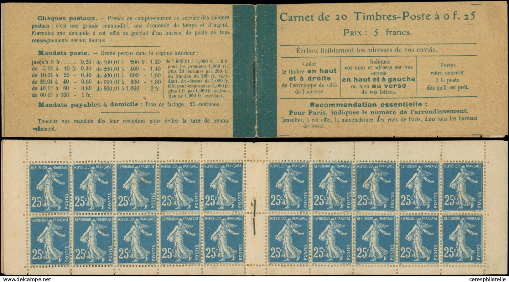 CARNETS (N° Yvert) - 140-C5    Semeuse Camée, 25c. Bleu, N°140e, T II, 20 T., Couv. Postale, Qqs Consolidations Et Rouss - Autres & Non Classés