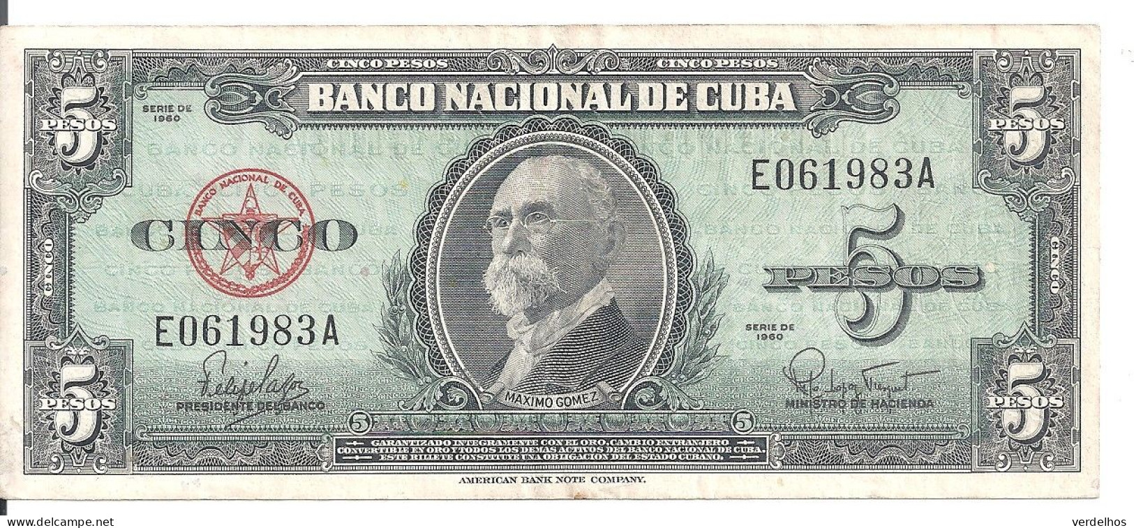 CUBA 5 PESOS 1960 VF P 92 - Kuba