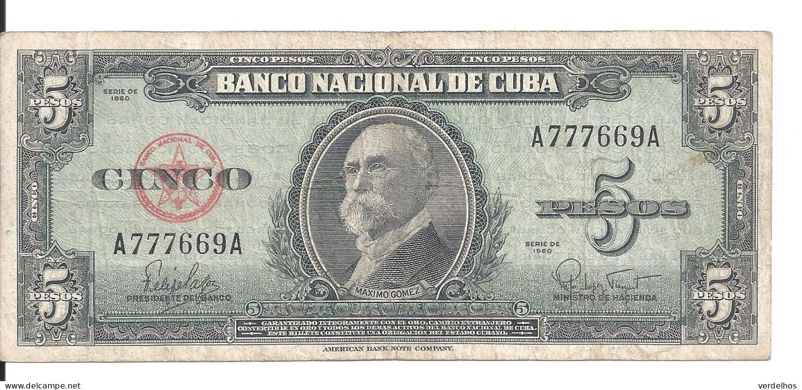 CUBA 5 PESOS 1960 VF P 92 - Kuba