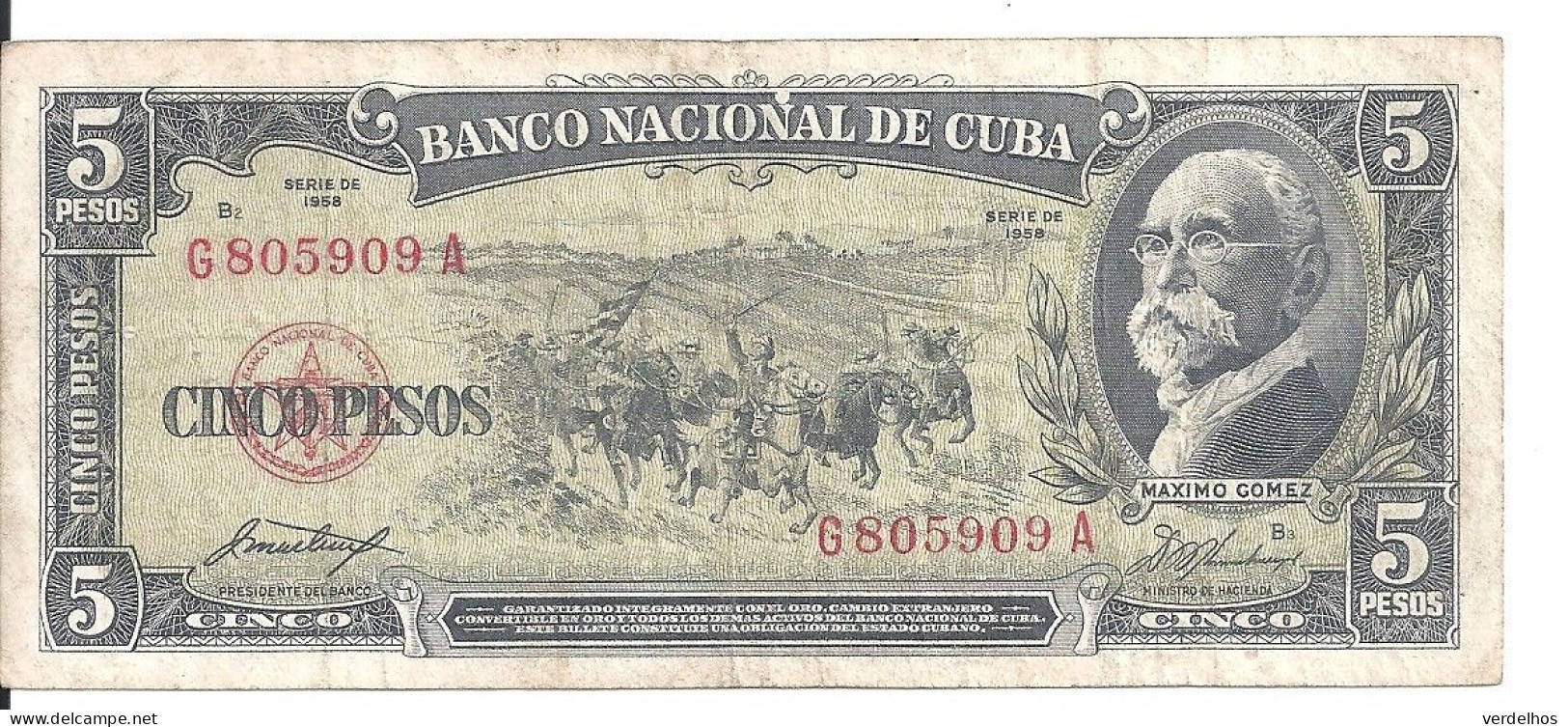 CUBA 5 PESOS 1958 VG+ P 91 A - Cuba