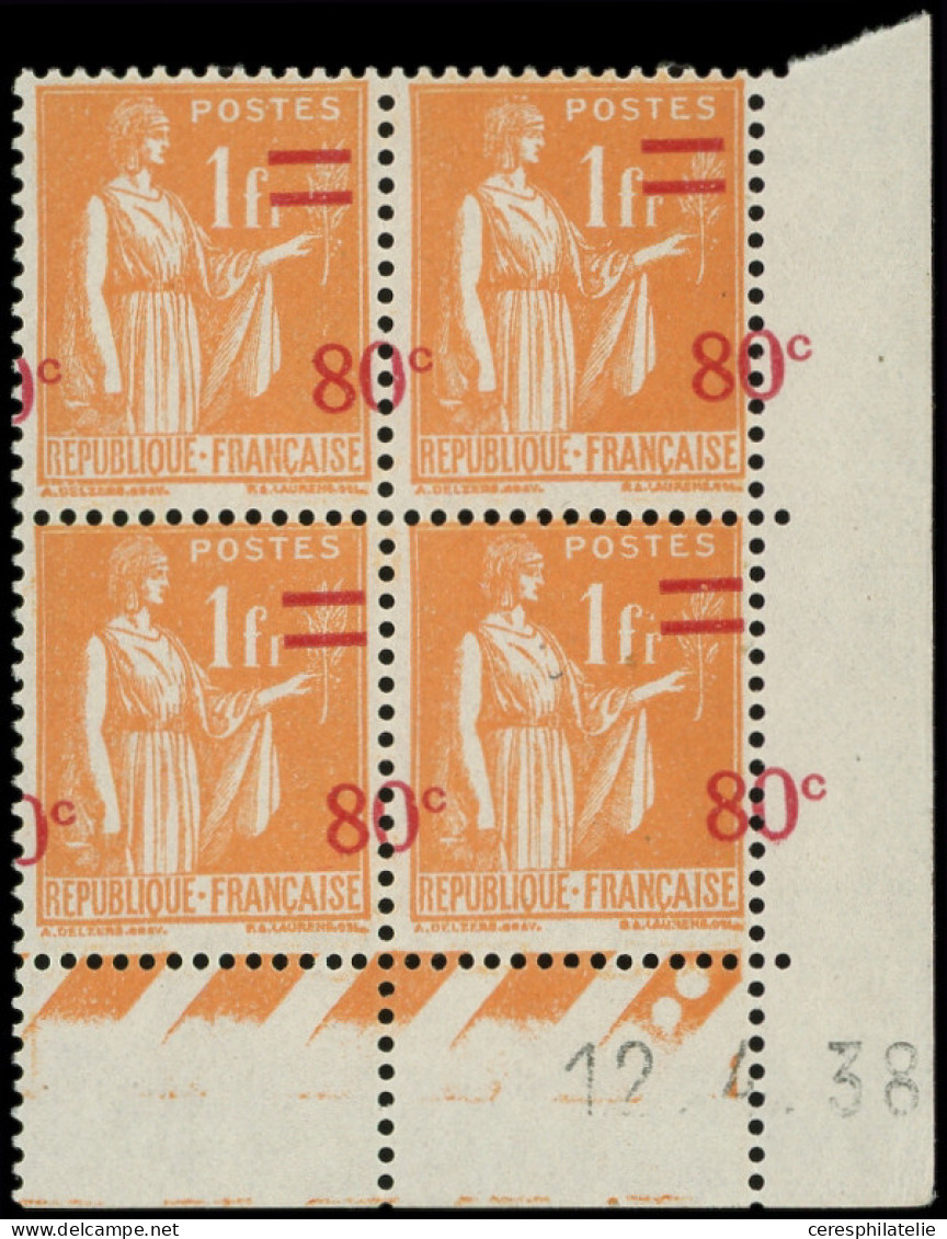 ** VARIETES - 359   Paix, 80c. S. 1f. Orange, Surcharge A CHEVAL, BLOC De 4 CD 12/4/38, TB - Unused Stamps