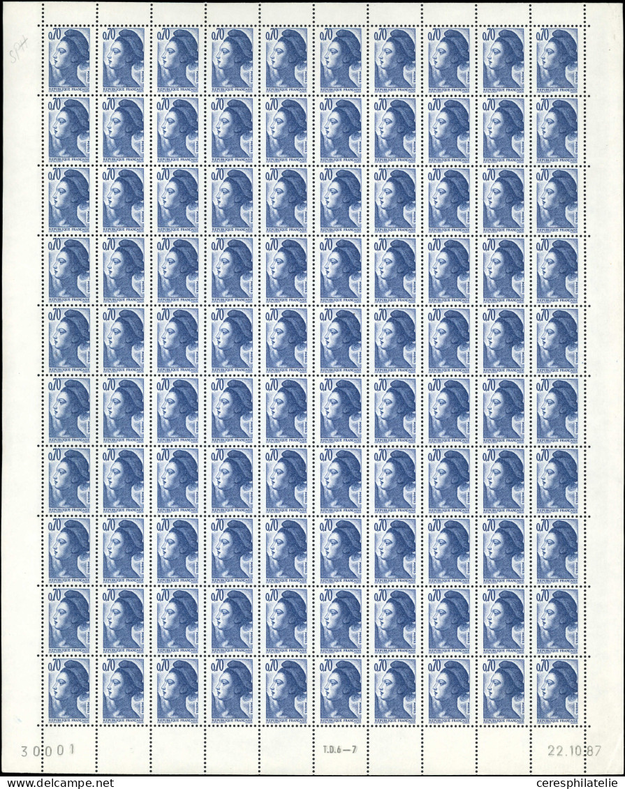 ** VARIETES - 2240b  Liberté, 0,70 Bleu-violet, 3 FEUILLES De 100, N°30001-2-5, SANS PHOSPHO, TB - Neufs