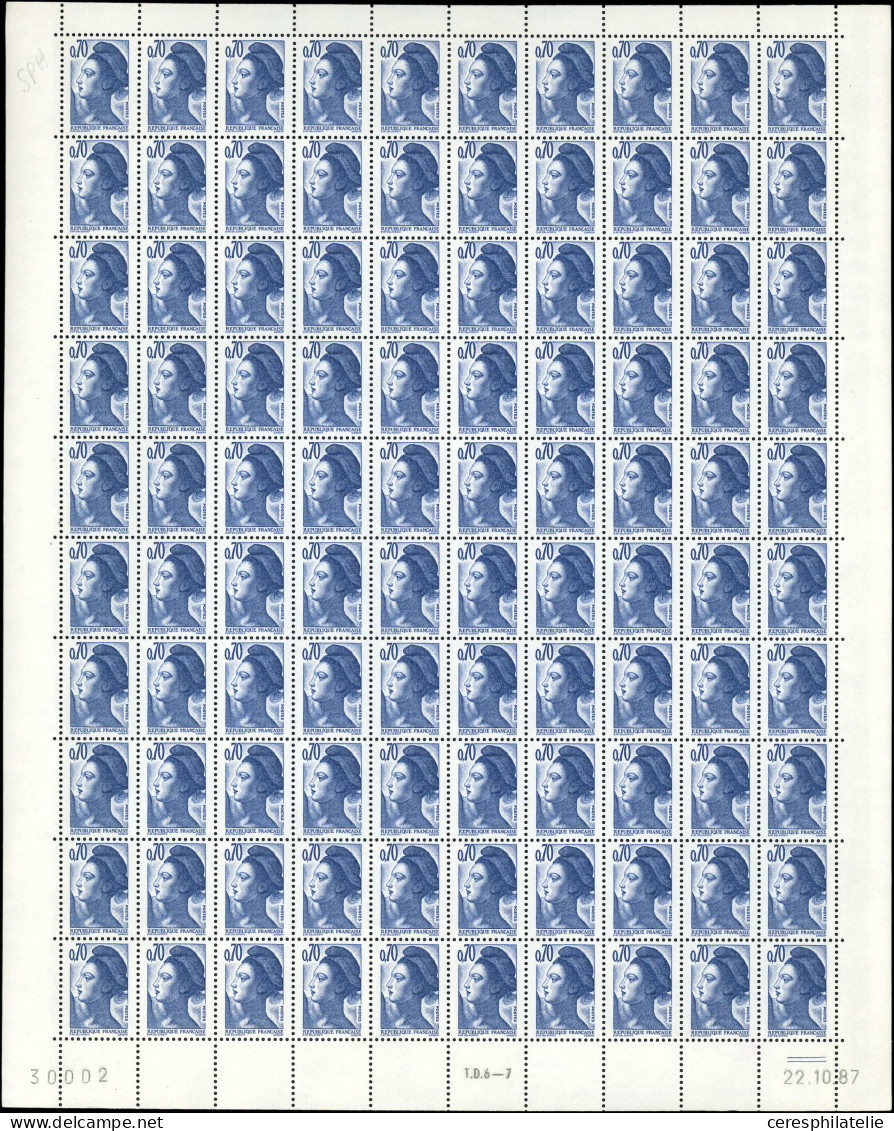 ** VARIETES - 2240b  Liberté, 0,70 Bleu-violet, 3 FEUILLES De 100, N°30001-2-5, SANS PHOSPHO, TB - Neufs