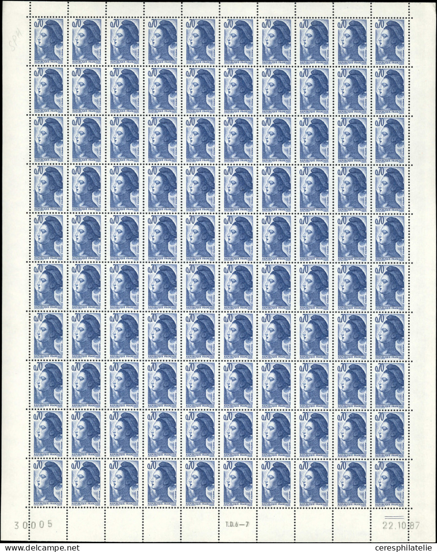 ** VARIETES - 2240b  Liberté, 0,70 Bleu-violet, 3 FEUILLES De 100, N°30001-2-5, SANS PHOSPHO, TB - Neufs