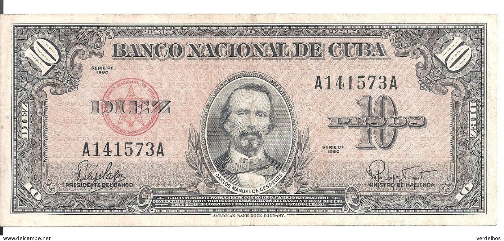 CUBA 10 PESOS 1960 VF+ P 79 B - Cuba