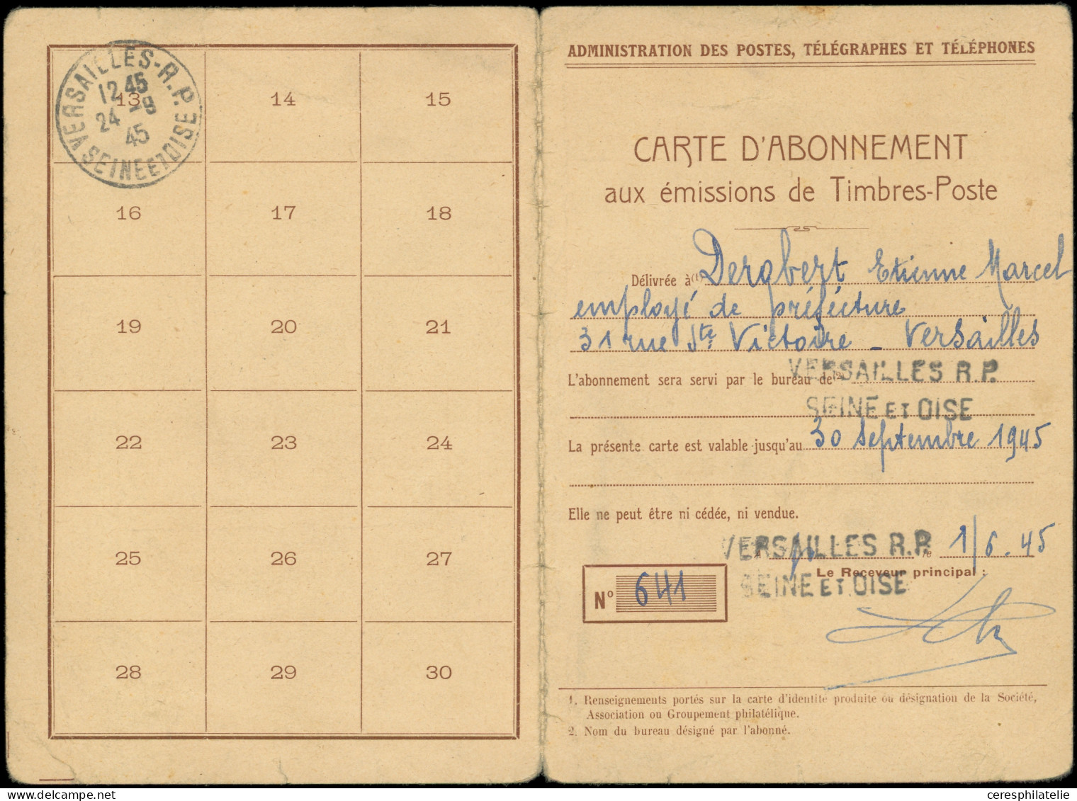 Let LETTRES DU XXe SIECLE - N°733 Obl. VERSAILLES-RP 1/6/45 S. Carte D'Abonnement Des PTT, TB - Lettres & Documents