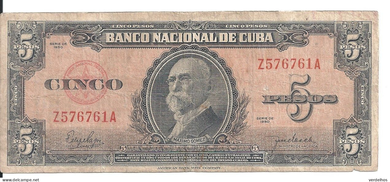CUBA 5 PESOS 1950 VG+ P 78 B - Cuba