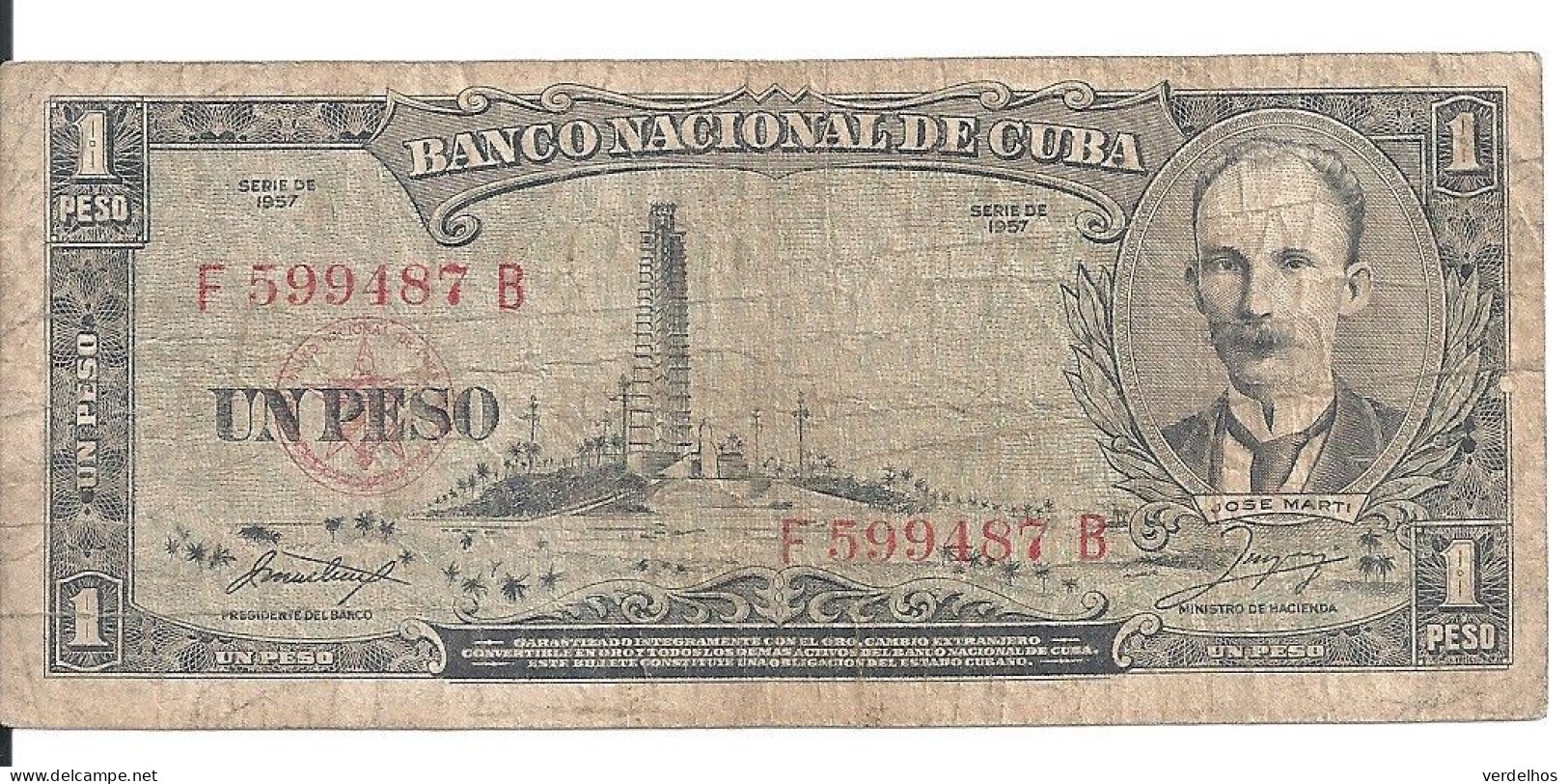 CUBA 1 PESO 1957 VG+ P 87 B - Cuba