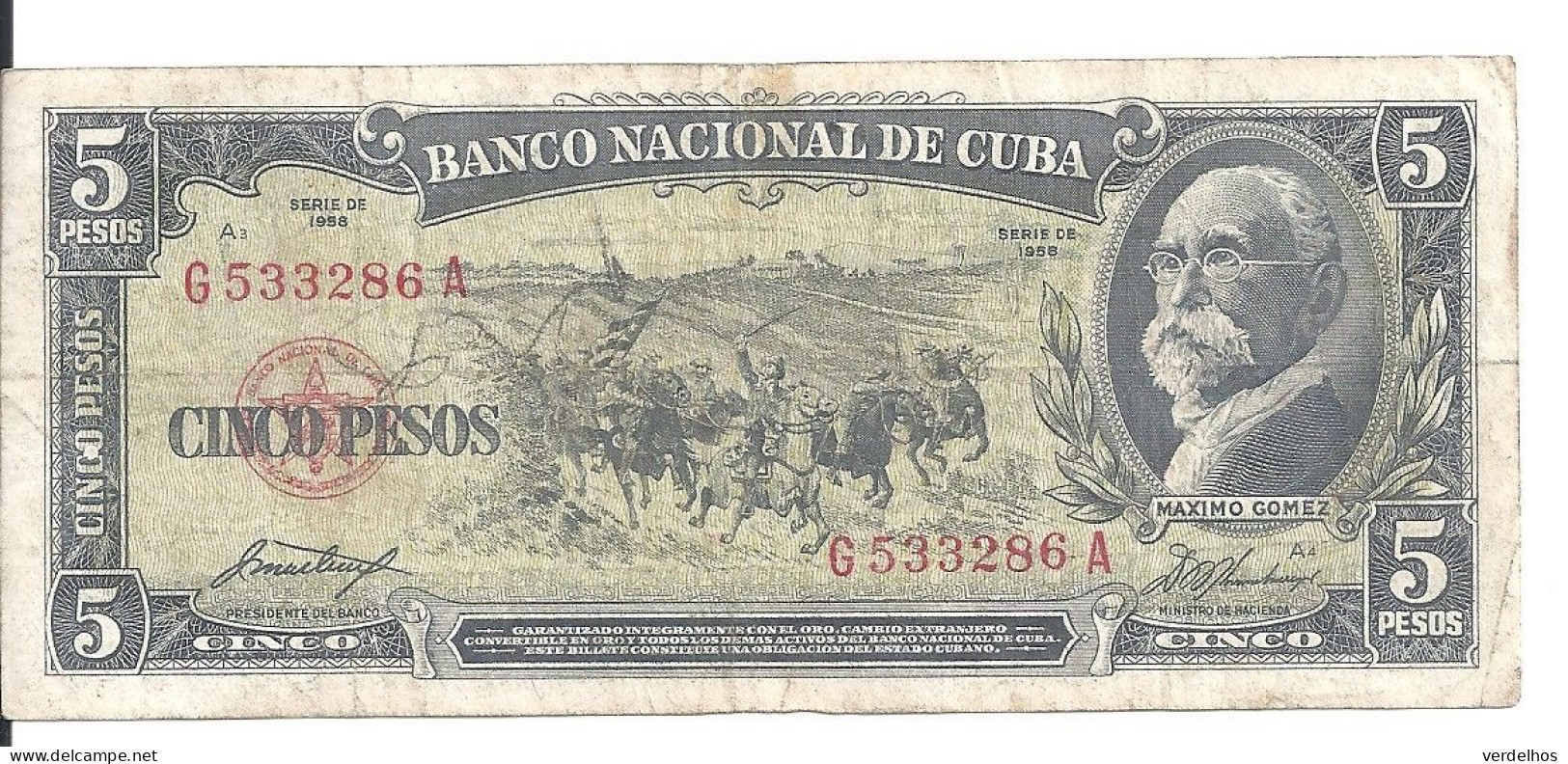 CUBA 5 PESOS 1958 VG+ P 91 A - Kuba