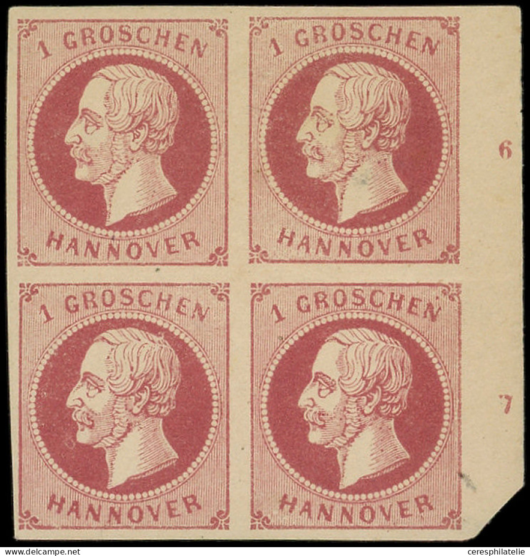 * ALLEMAGNE (ANCIENS ETATS) HANOVRE 17b : 1g. Lie De Vin, BLOC De 4 Bdf Avec N°6 Et 7, Inf. Craquelure S. Un Timbre, Fra - Hanover