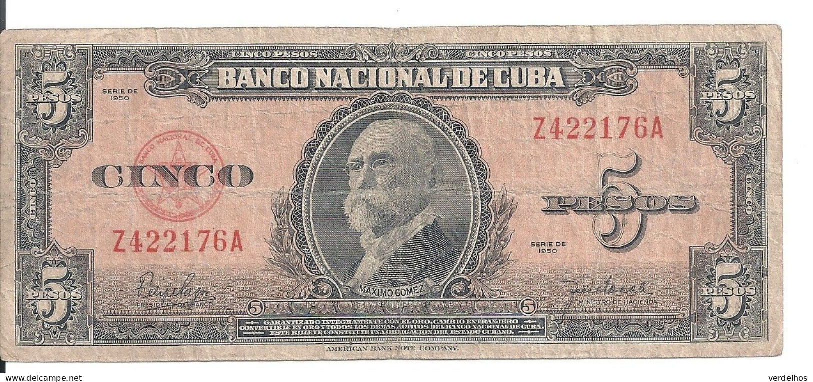 CUBA 5 PESOS 1950 VG+ P 78 B - Cuba