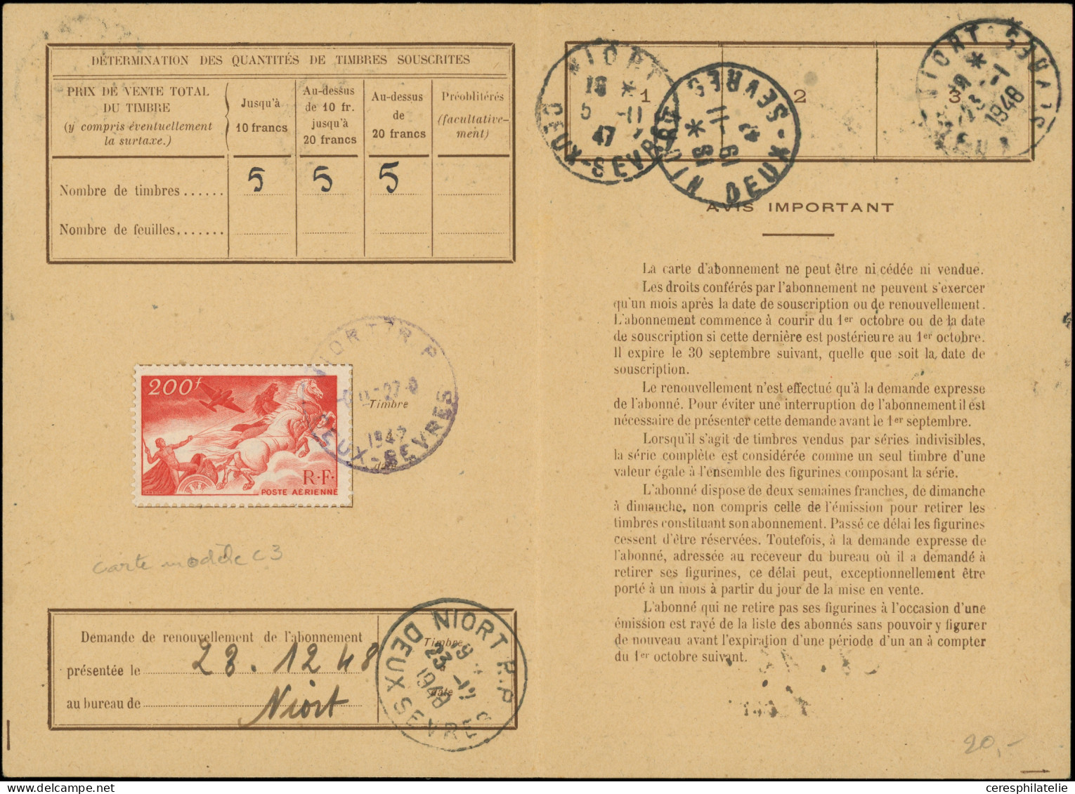 Let 4 Cartes D'abonnement Des PTT, Affr. N°611 Paire, PA 18/19, PA 19 Et PA 27, 1944-53, TB - Collections