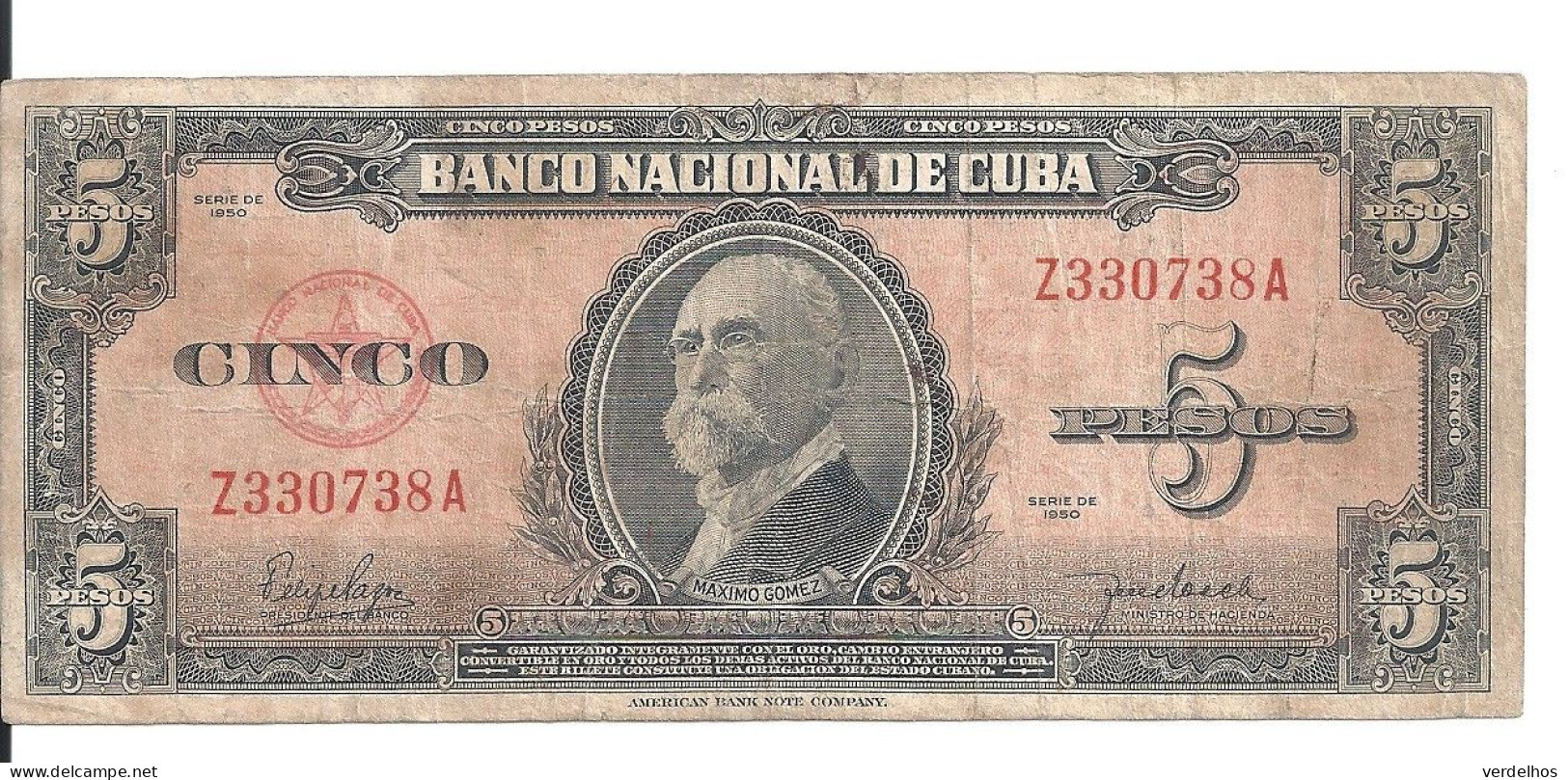 CUBA 5 PESOS 1950 VG+ P 78 B - Cuba