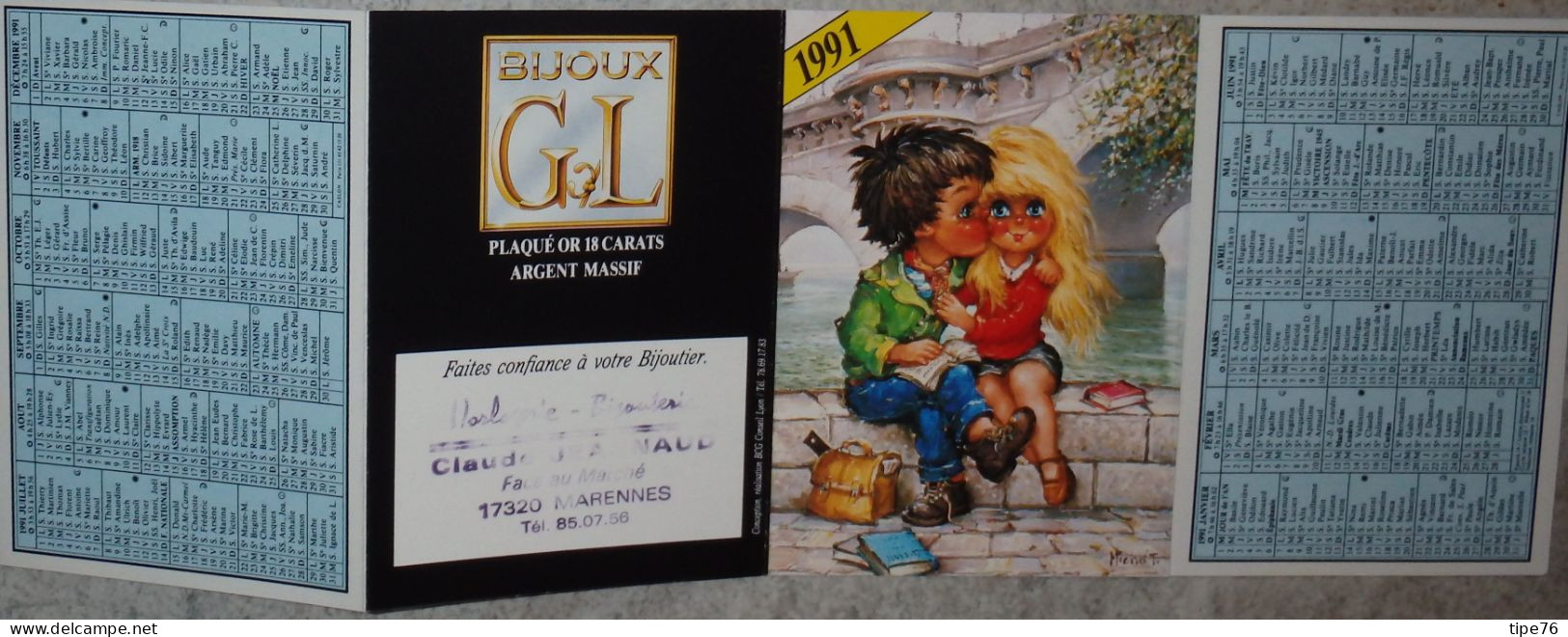 Petit Calendrier De Poche  1991 Illustration Michel Thomas Poulbot Couple - Bijoux Marennes Charente Maritime - Petit Format : 1991-00