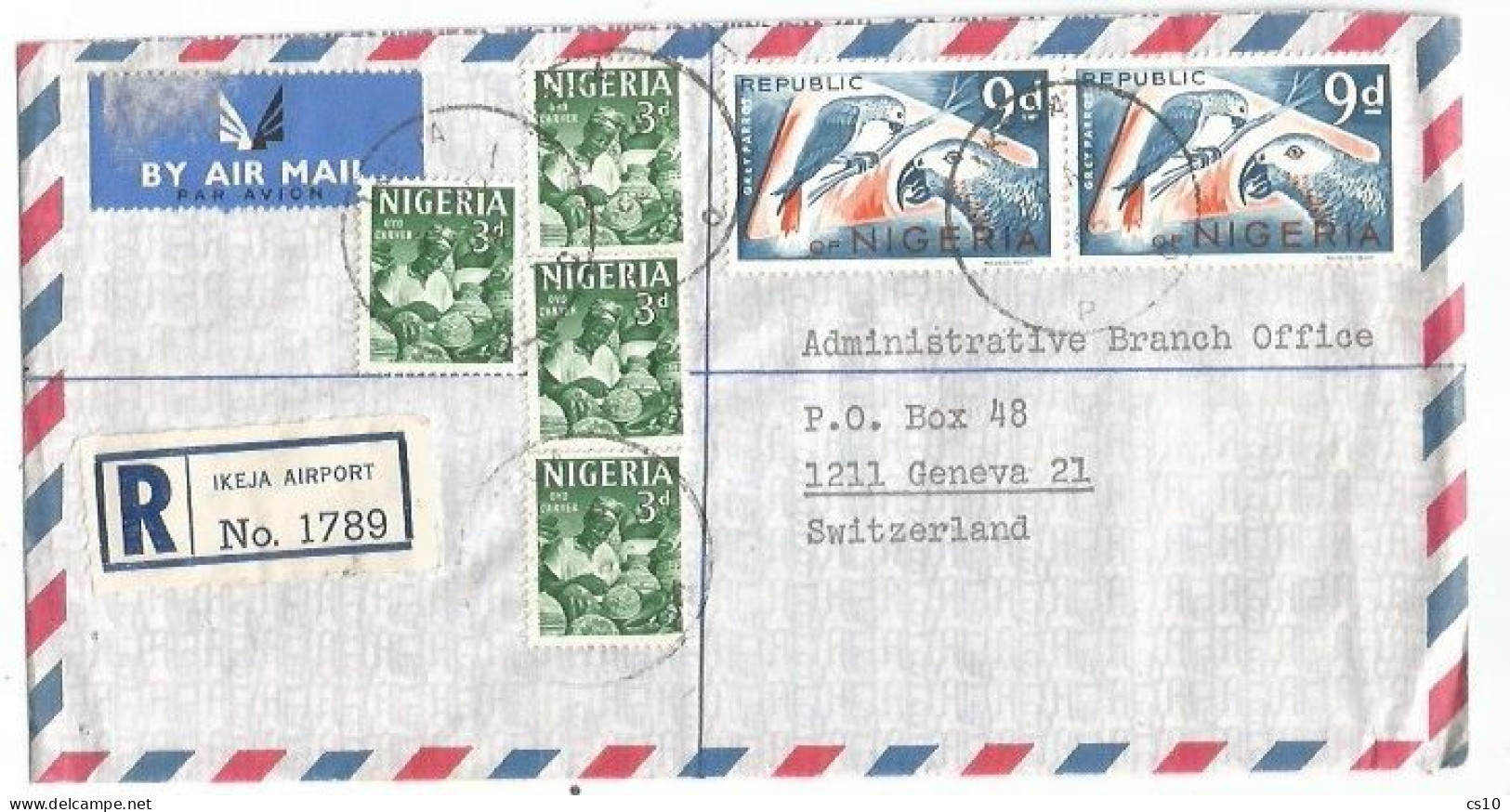 Nigeria Registered AirmailCV Ikeja Airport 30aug1968 With D.9 Pair + D.3 Strip3+1 To Suisse - Nigeria (1961-...)