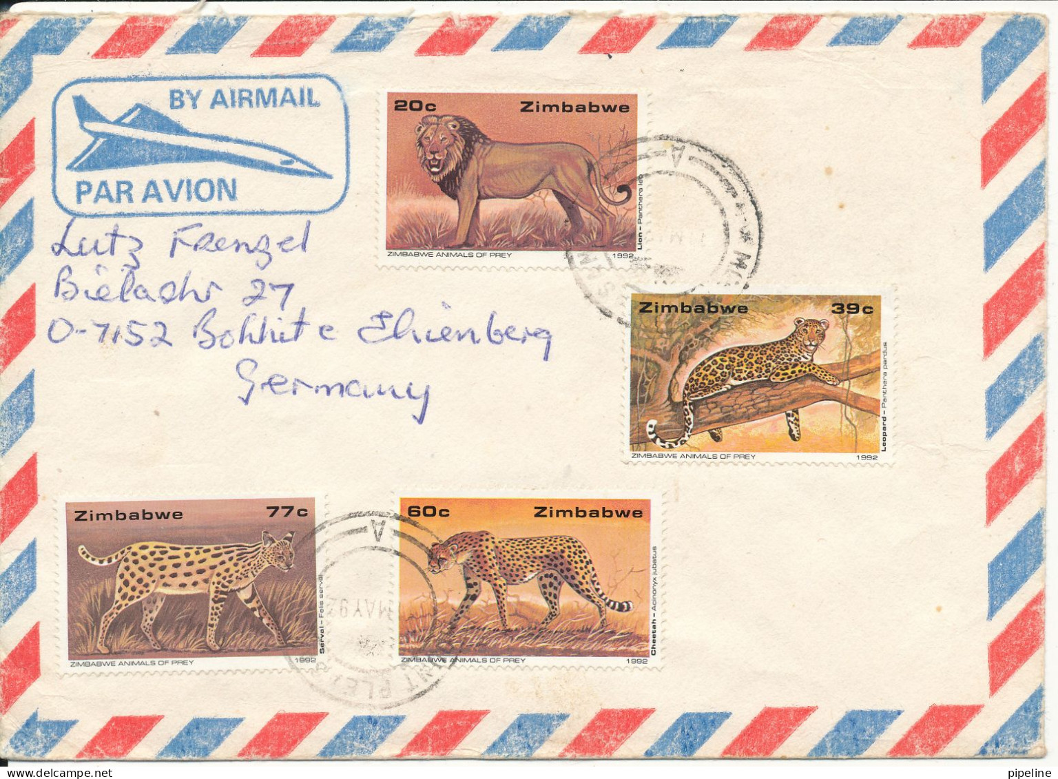 Zimbabwe Air Mail Cover Sent To Germany 11-5-1992 Topic Stamps Animals Of Prey - Zimbabwe (1980-...)