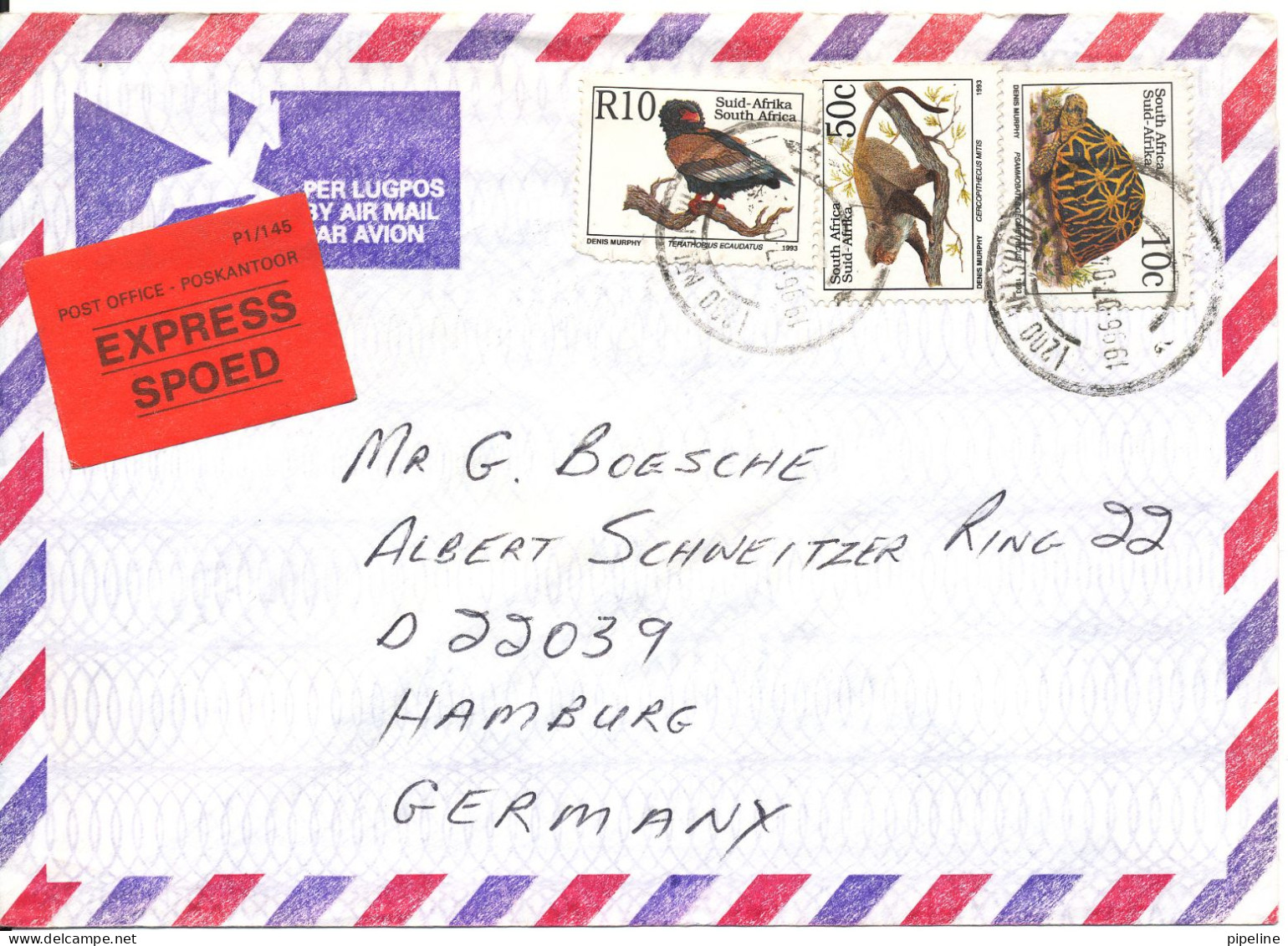 South Africa Express Air Mail Cover Sent To Germany 4-7-1996 Topic Stamps - Luftpost