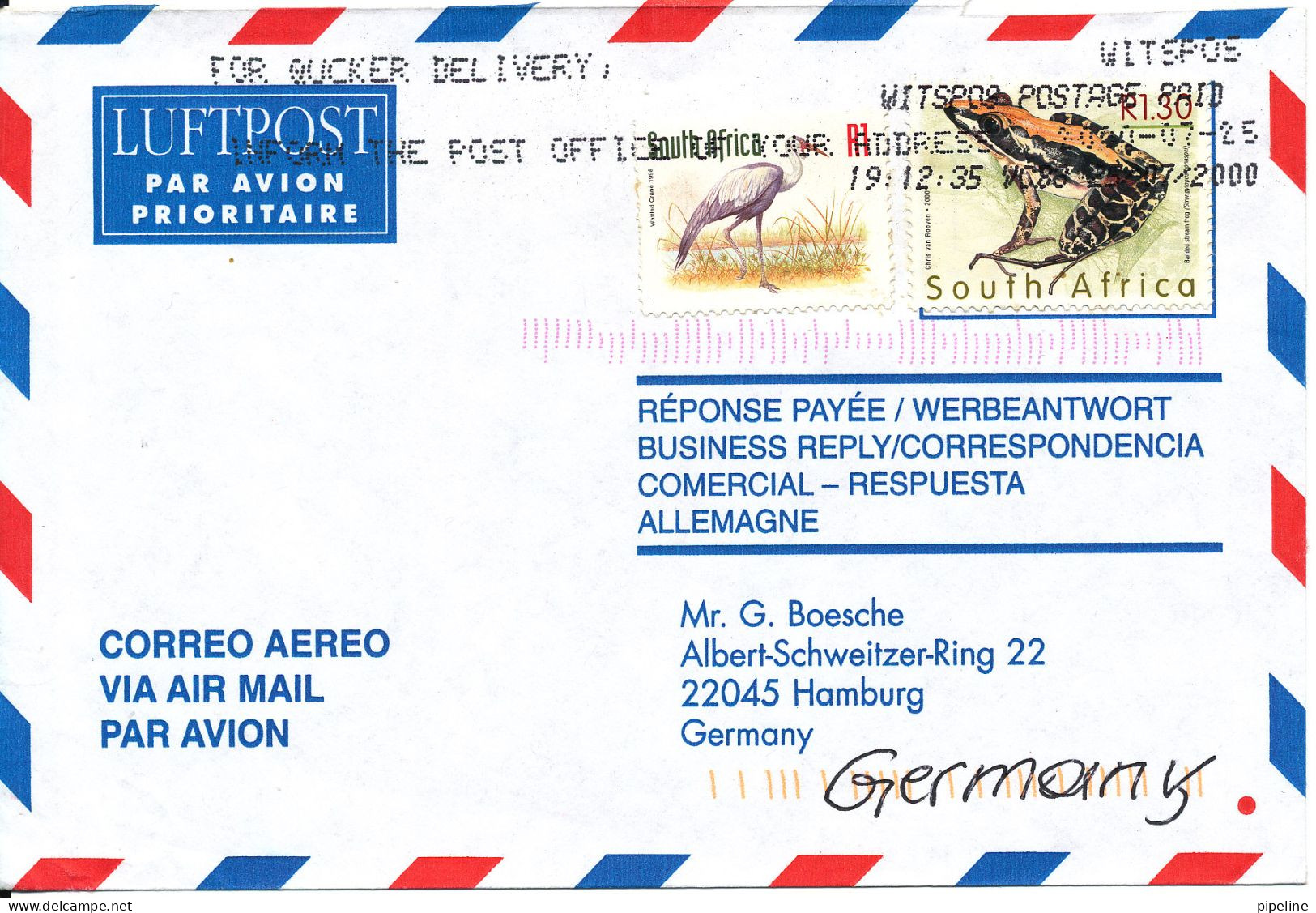 South Africa Air Mail Cover Sent To Germany 25-7-2000 - Airmail