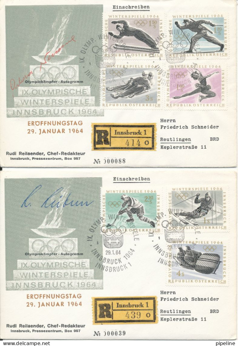 Austria Registered Covers Olympische Winterspiele Insbruck Eröffnungstag 29-1-1964 Complete Set Of 7 On 2 Covers Sent To - Hiver 1964: Innsbruck