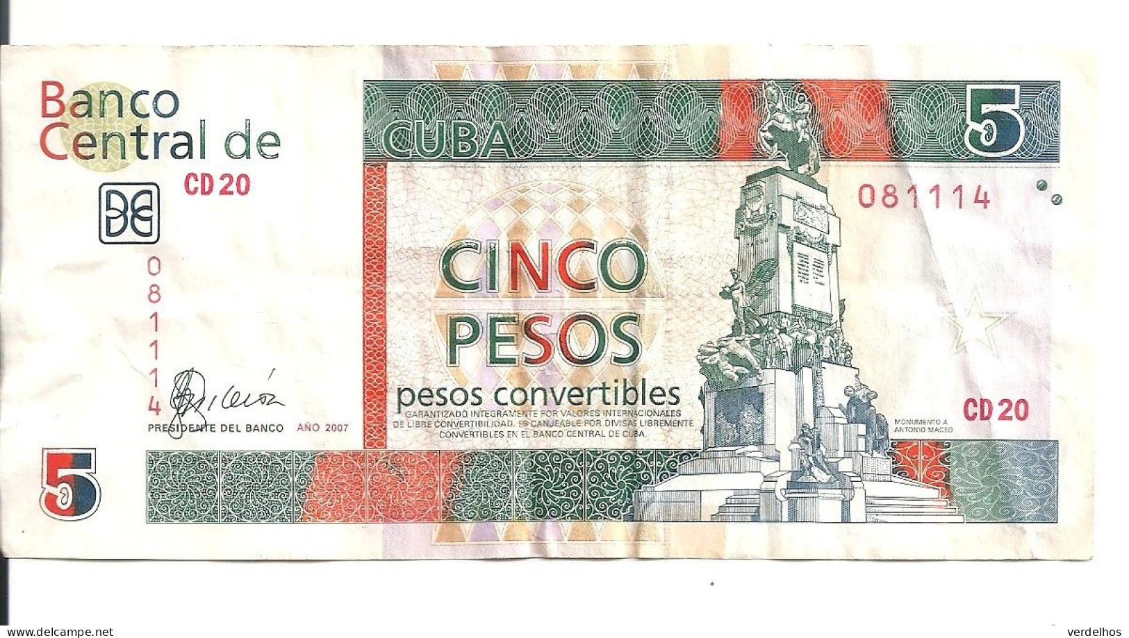 CUBA 5 PESOS CONVERTIBLES 2007 VF P FX48 - Cuba