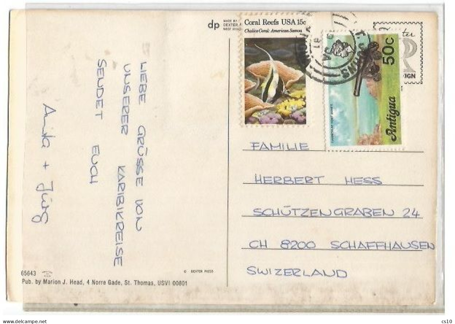 USA Mixed Franked PPC Caribe Sunset St.johns ANTIGUA With US Coral Reef C.15 + Antigua Regular C.50 - Covers & Documents