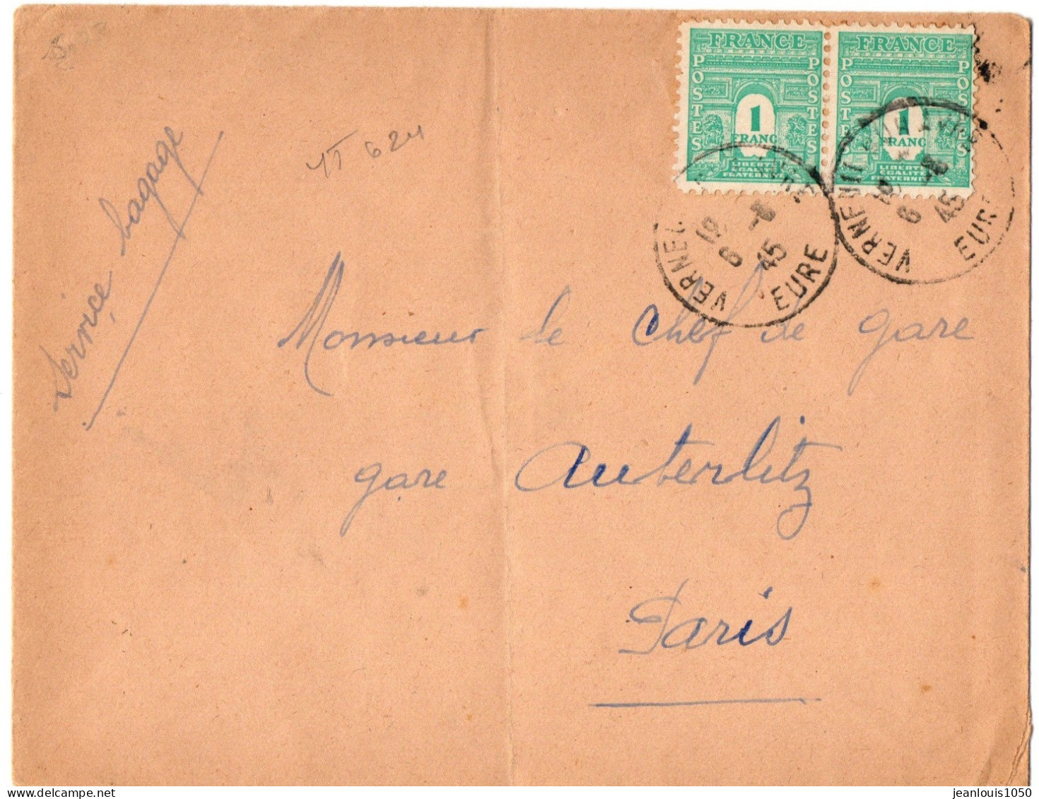 FRANCE YT N°324 PAIRE ARC DE TRIOMPHE OBLITEREE VERNEUIL SUR LETTRE POUR PARIS - 1944-45 Arco Del Triunfo