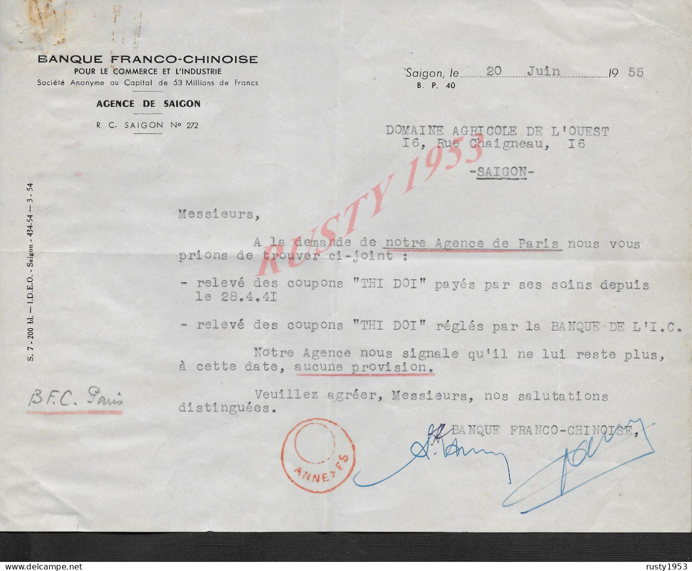 VIET NAM LETTRE COMMERCIALE 1955 TYPE REÇU BANQUE FRANCO CHINOISE ( CHINE ) AGENCE DE SAIGON : - Bank & Versicherung