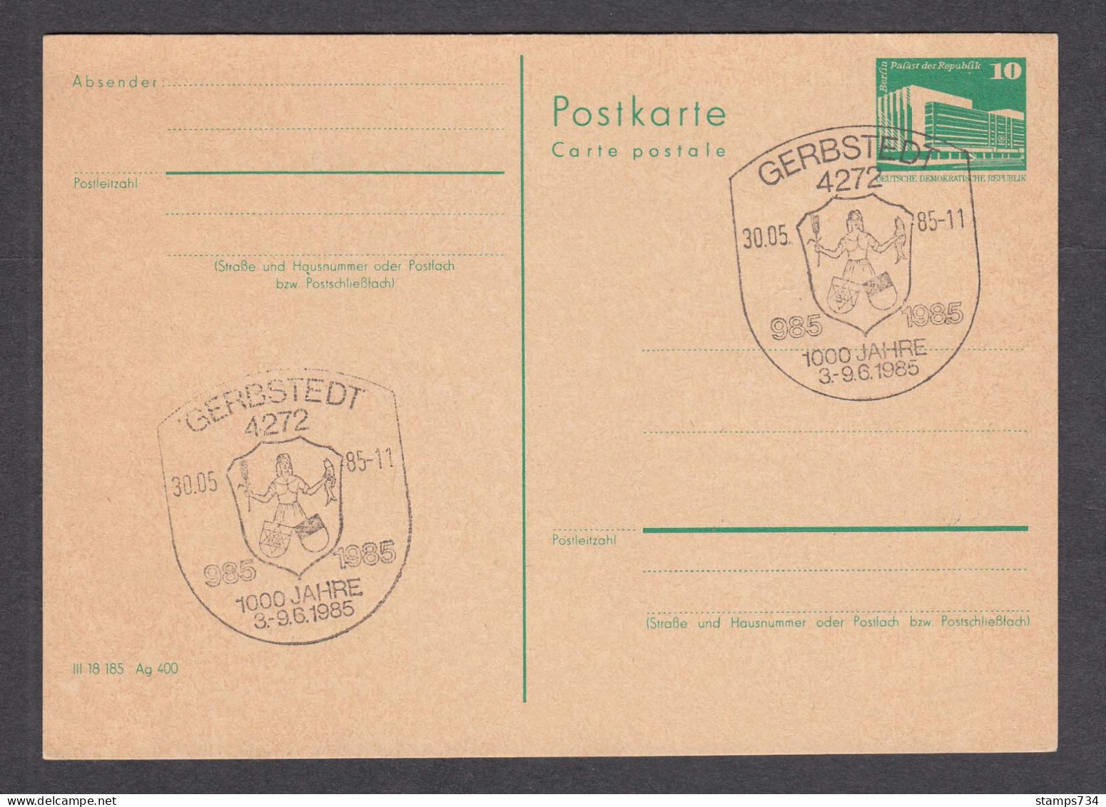 DDR 20/1985 - 1000 Years GERBSTEDT: Coat Of Arms, Post. Stationery With Spec. Cancelation - Buste