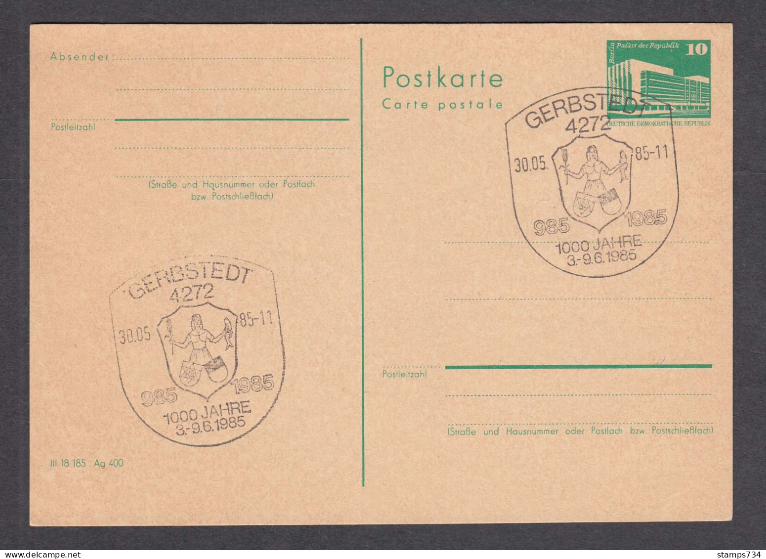 DDR 20/1985 - 1000 Years GERBSTEDT: Coat Of Arms, Post. Stationery With Spec. Cancelation - Briefe U. Dokumente