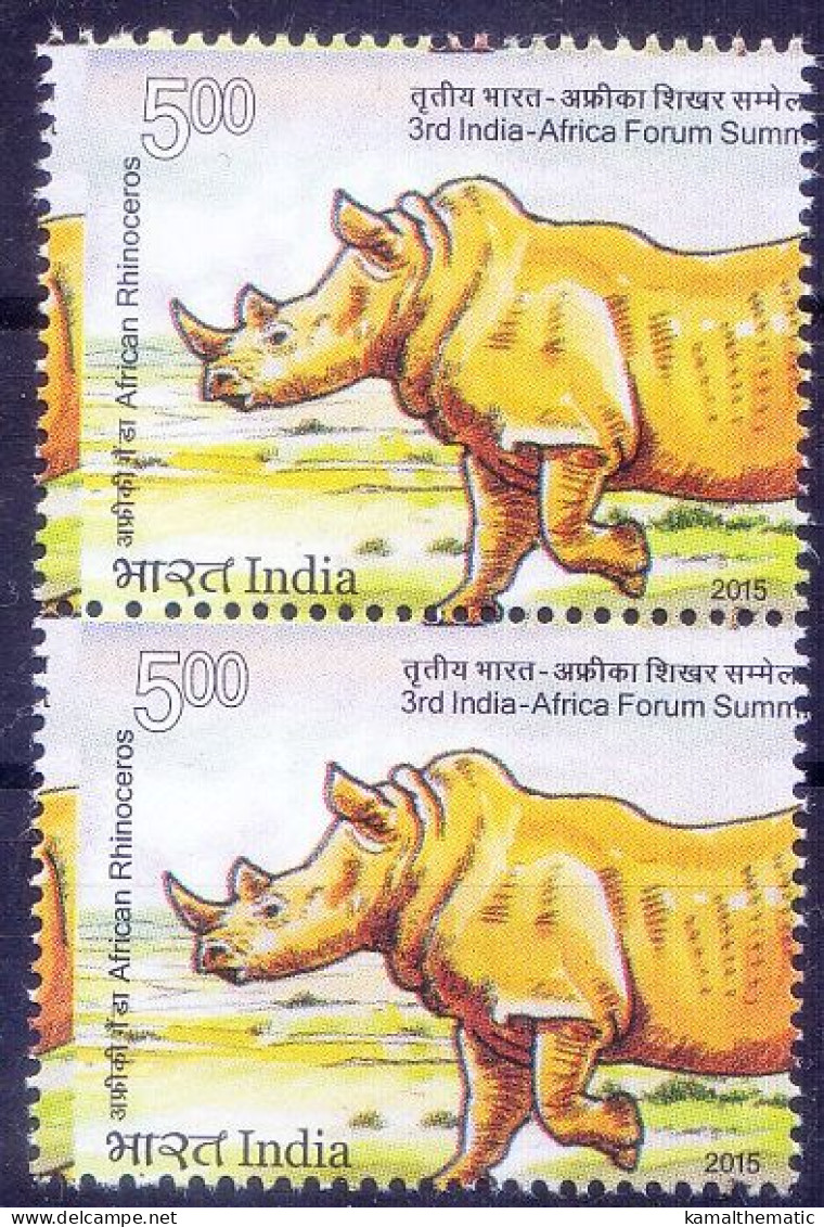 Error, Colour Perforation Shift , Rhino, Wild Animals, India 2015 MNH Vertical Pair - Neushoorn