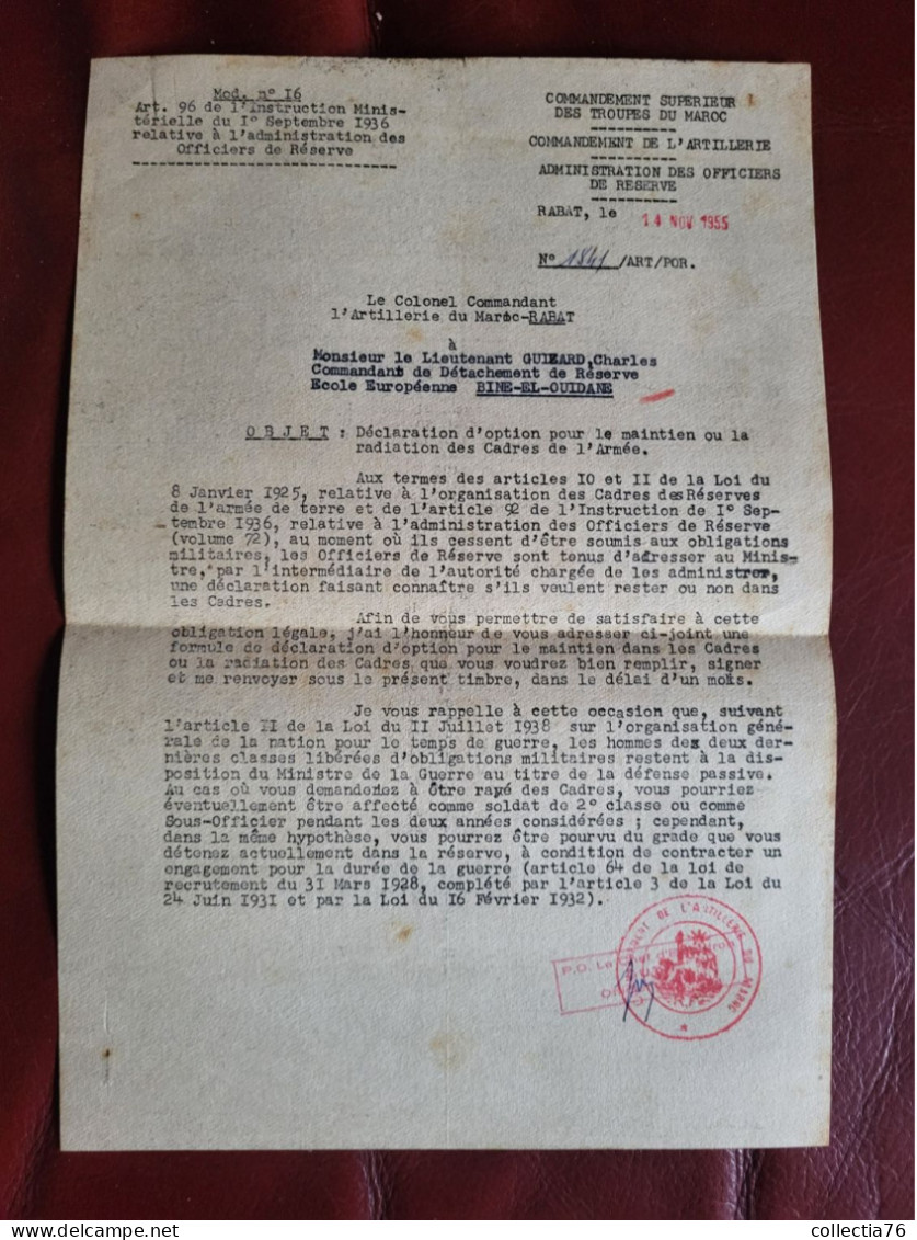 MILITARIA DOCUMENT MAINTIEN RADIATION CADRES DE L ARMEE ARMES TROUPES MAROC CASABLANCA GARNISON 1955 - Français