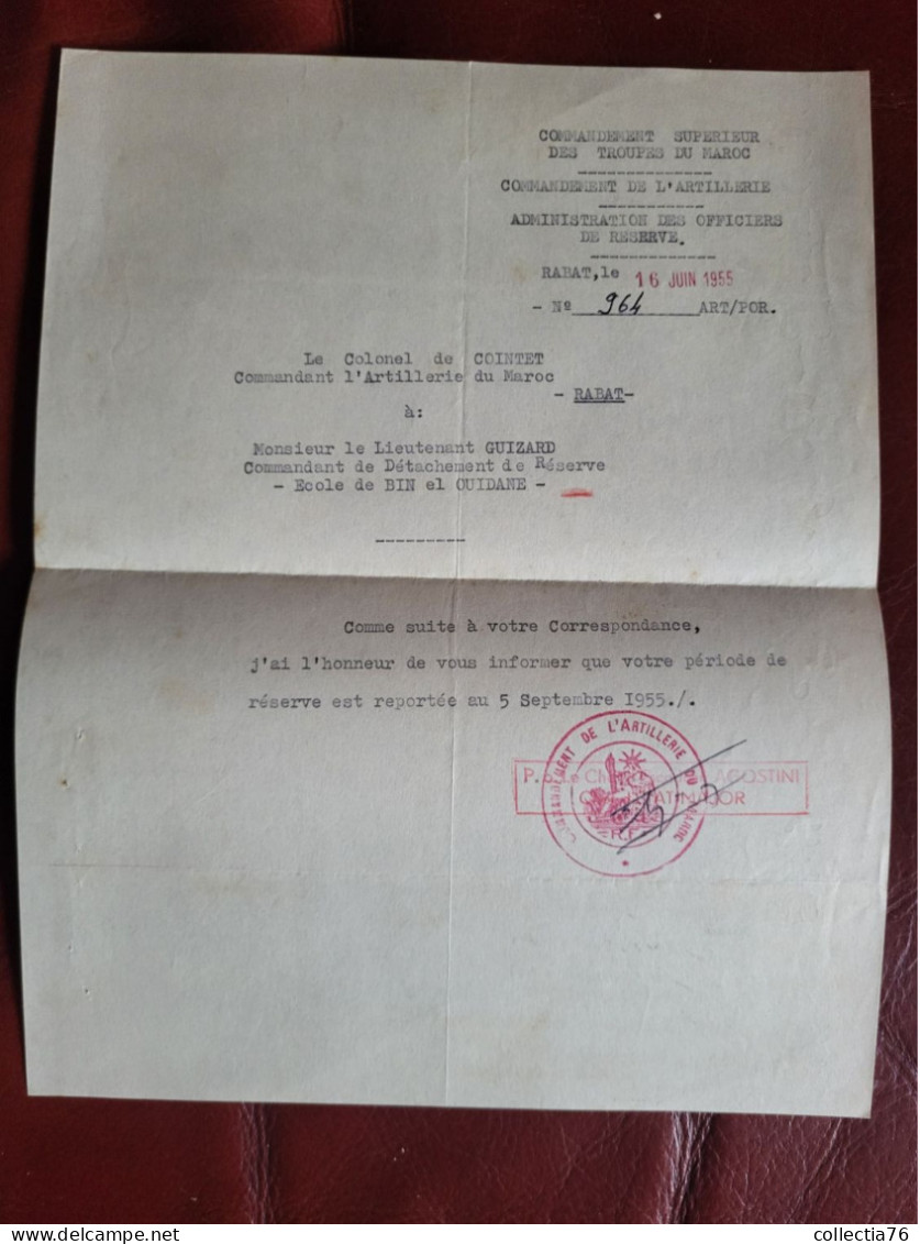 MILITARIA DOCUMENT REPORT PERIODE RESERVE DE L ARMEE ARMES TROUPES MAROC RABAT COINTET BIN EL OUIDANE 1955 - Francés