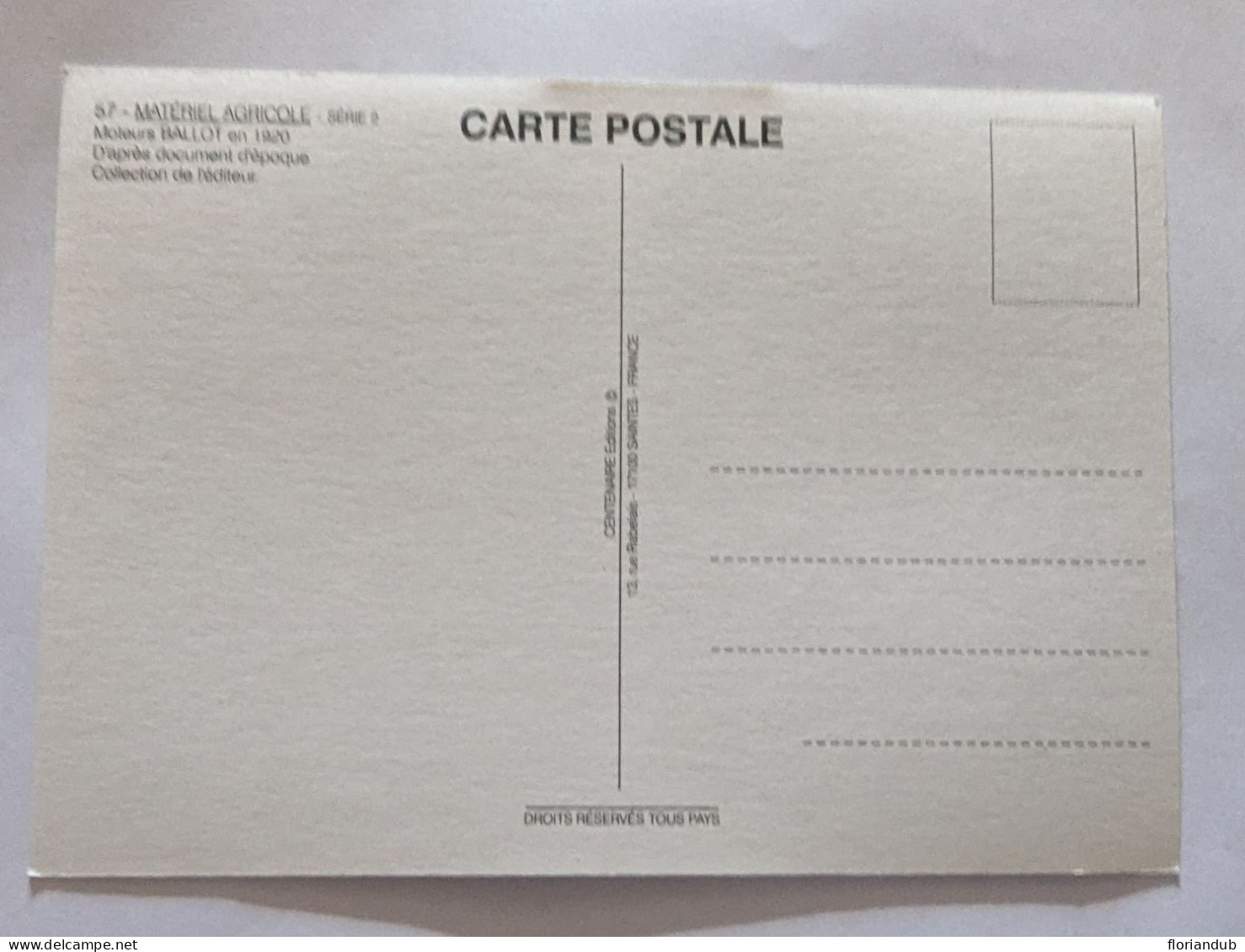 CP - Moteurs Ballot 1920 - Édition Centenaire - Matériel Agricole Nº57 - Trattori