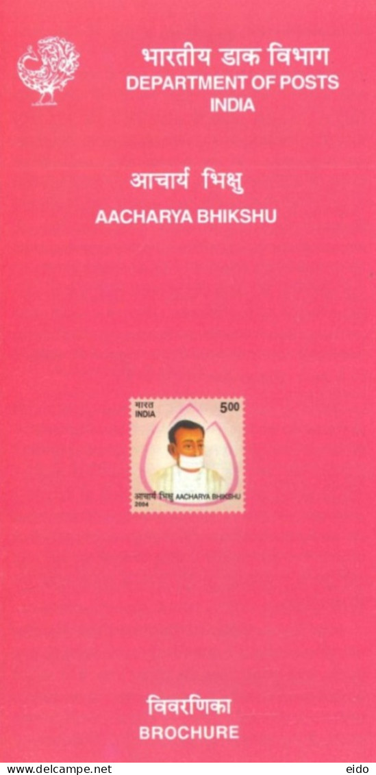 INDIA - 2004 - BROCHURE OF AACHARYA BHIKSHU STAMP DESCRIPTION AND TECHNICAL DATA . - Cartas & Documentos