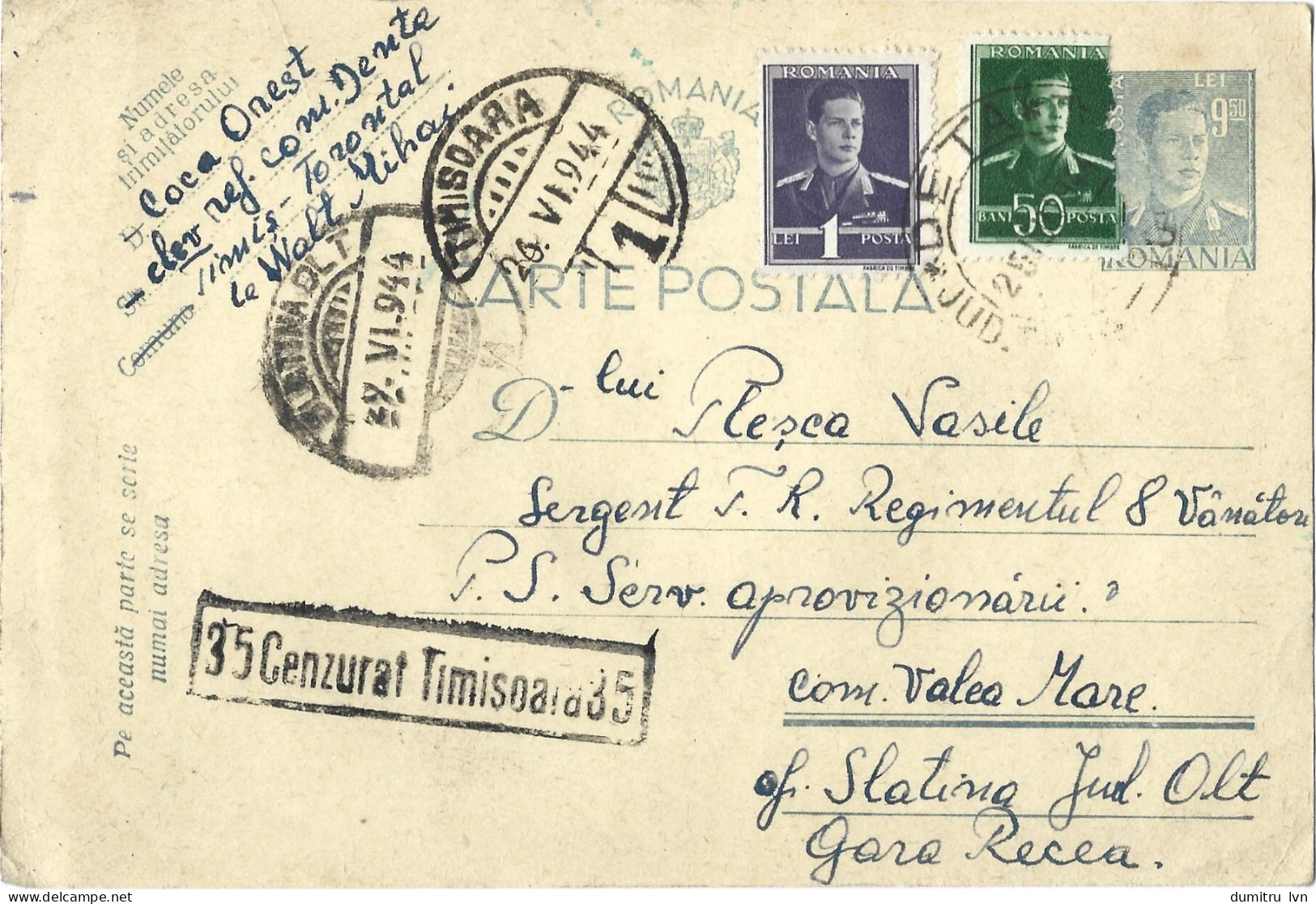 ROMANIA 1944 POSTCARD, CENSORED TIMISOARA 35, POSTCARD STATIONERY - 2. Weltkrieg (Briefe)