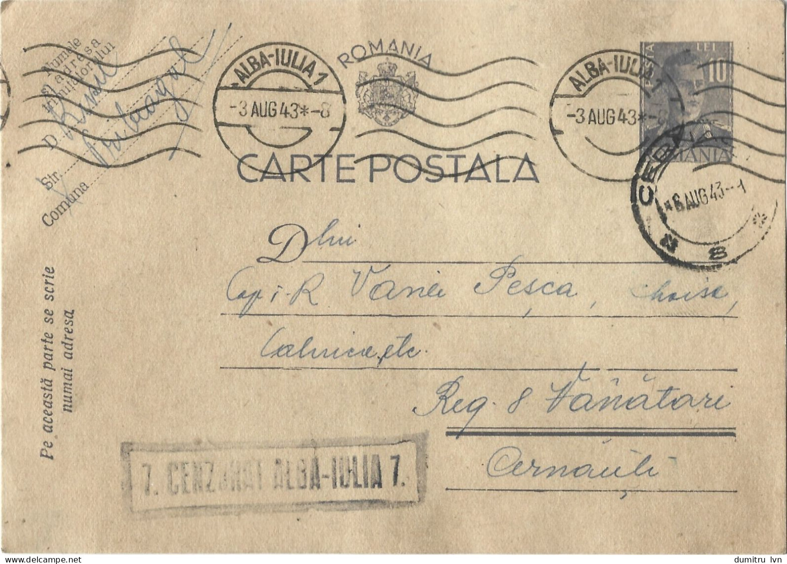 ROMANIA 1943 POSTCARD, CENSORED ALBA-IULIA 7, CERNAUTI STAMP, POSTCARD STATIONERY - Lettres 2ème Guerre Mondiale