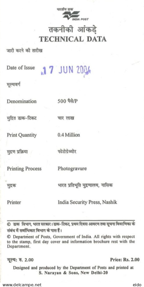 INDIA - 2004 - BROCHURE OF JYOTIPRASAD AGARWALLA STAMP DESCRIPTION AND TECHNICAL DATA . - Lettres & Documents