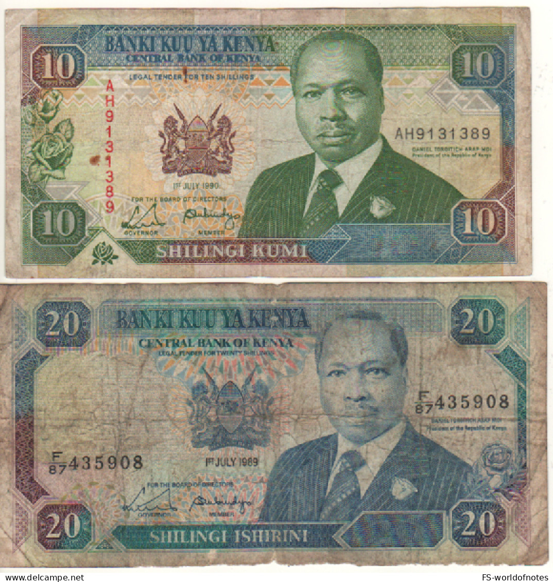 KENIA  10  &  20 Shilings P24b & P25b  1990 -1989       President Daniel Toroitich Arap Moi - Kenya