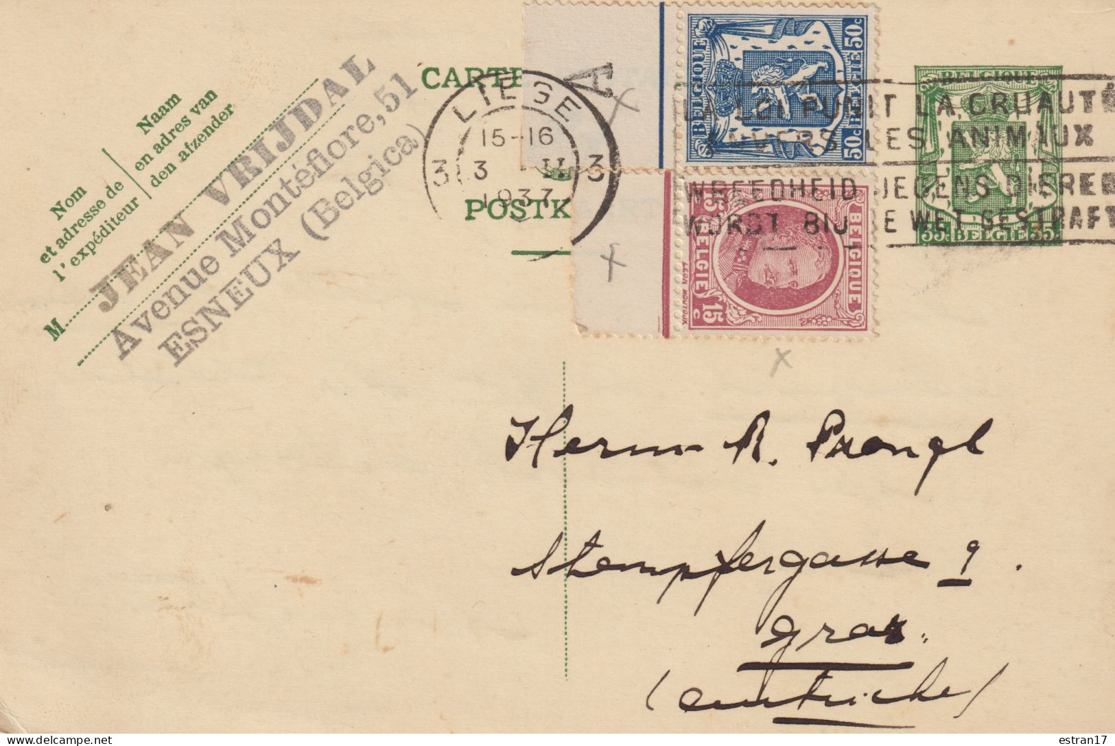 CARTE POSTALE PUBLICITAIRE AVEC ENTIER POSTAL ET DEUX TIMBRES OBLITERATION LIEGE 1937 - Postkarten 1934-1951