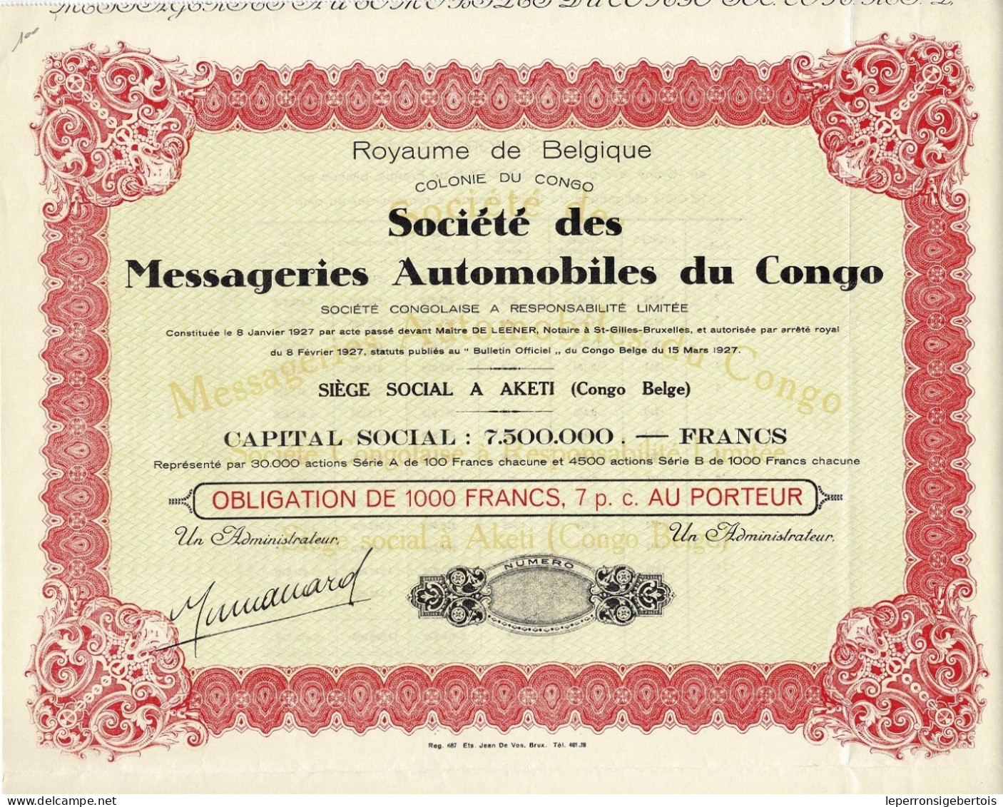 - Titre De 1927 - Royaume De Belgique - Colonie Du Congo - Société Des Messageries Automobiles Du Congo - Blanco - - Africa